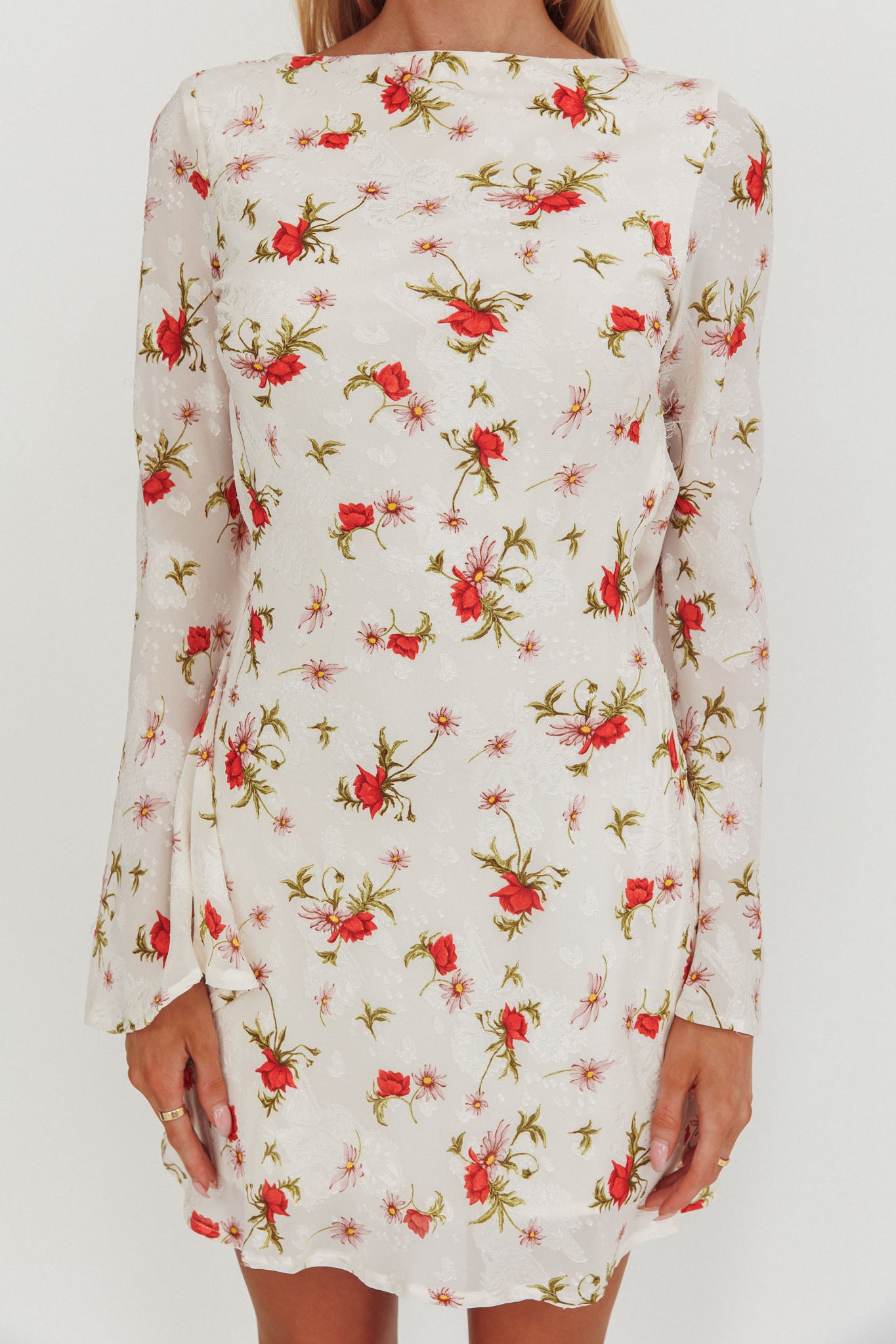 Thriller Long Sleeve Backless Mini Dress Floral White-Maymioy