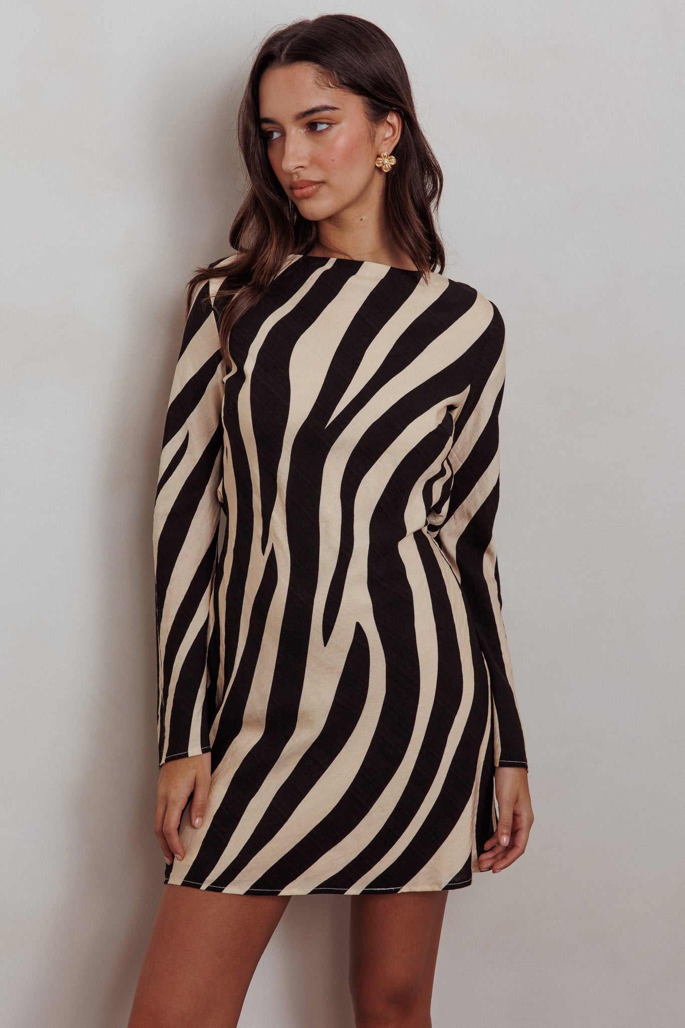 Thriller Long Sleeve Backless Mini Dress Zebra-Maymioy
