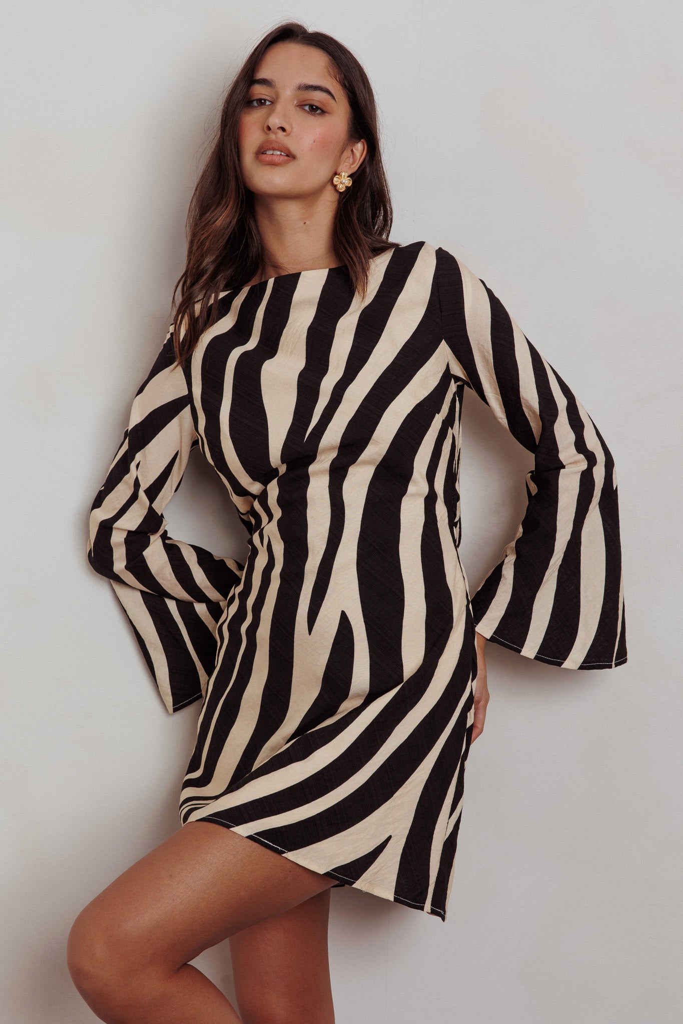 Thriller Long Sleeve Backless Mini Dress Zebra-Maymioy