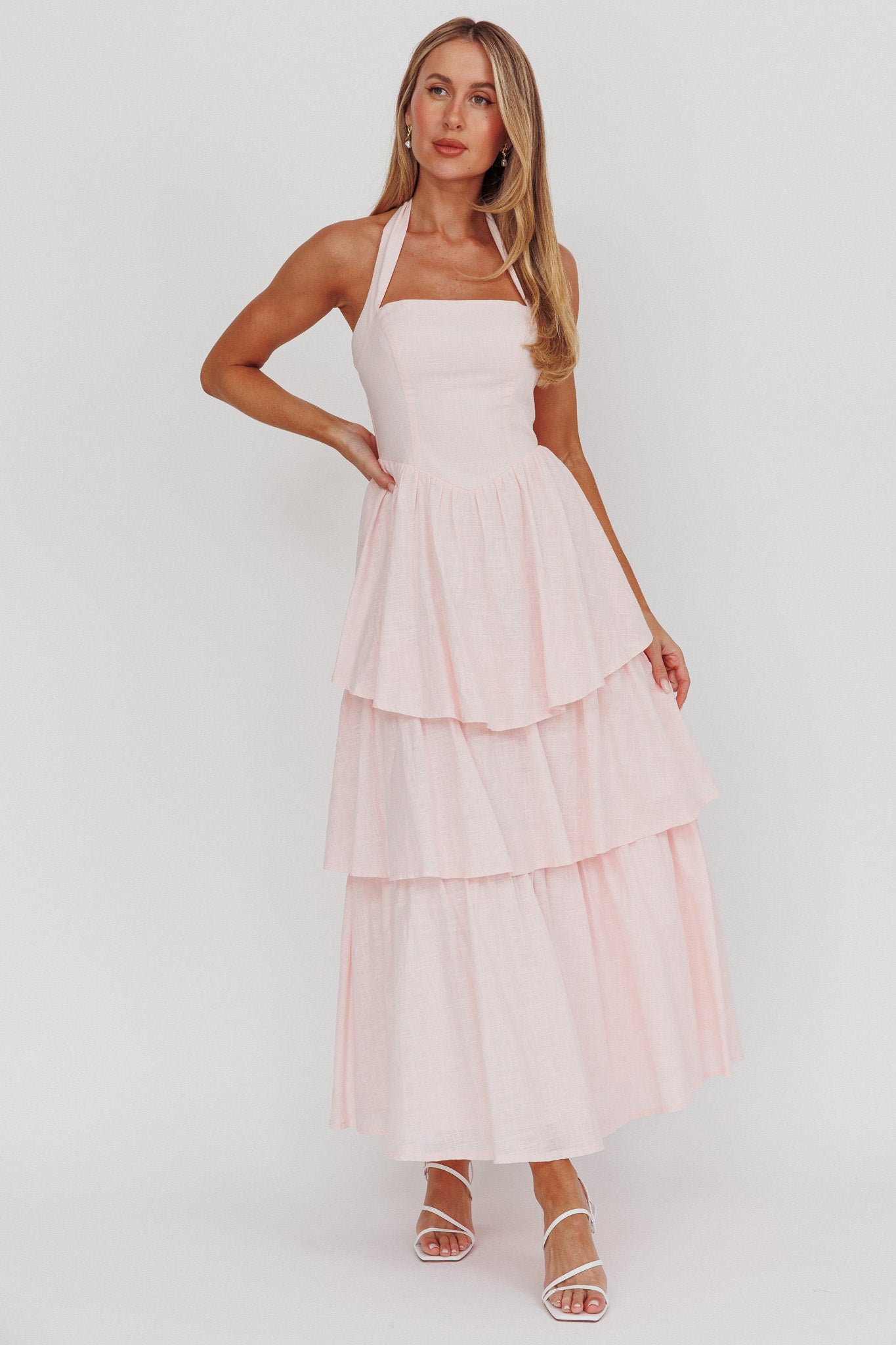 Shaya Tiered Ruffle Maxi Dress Pink-Maymioy