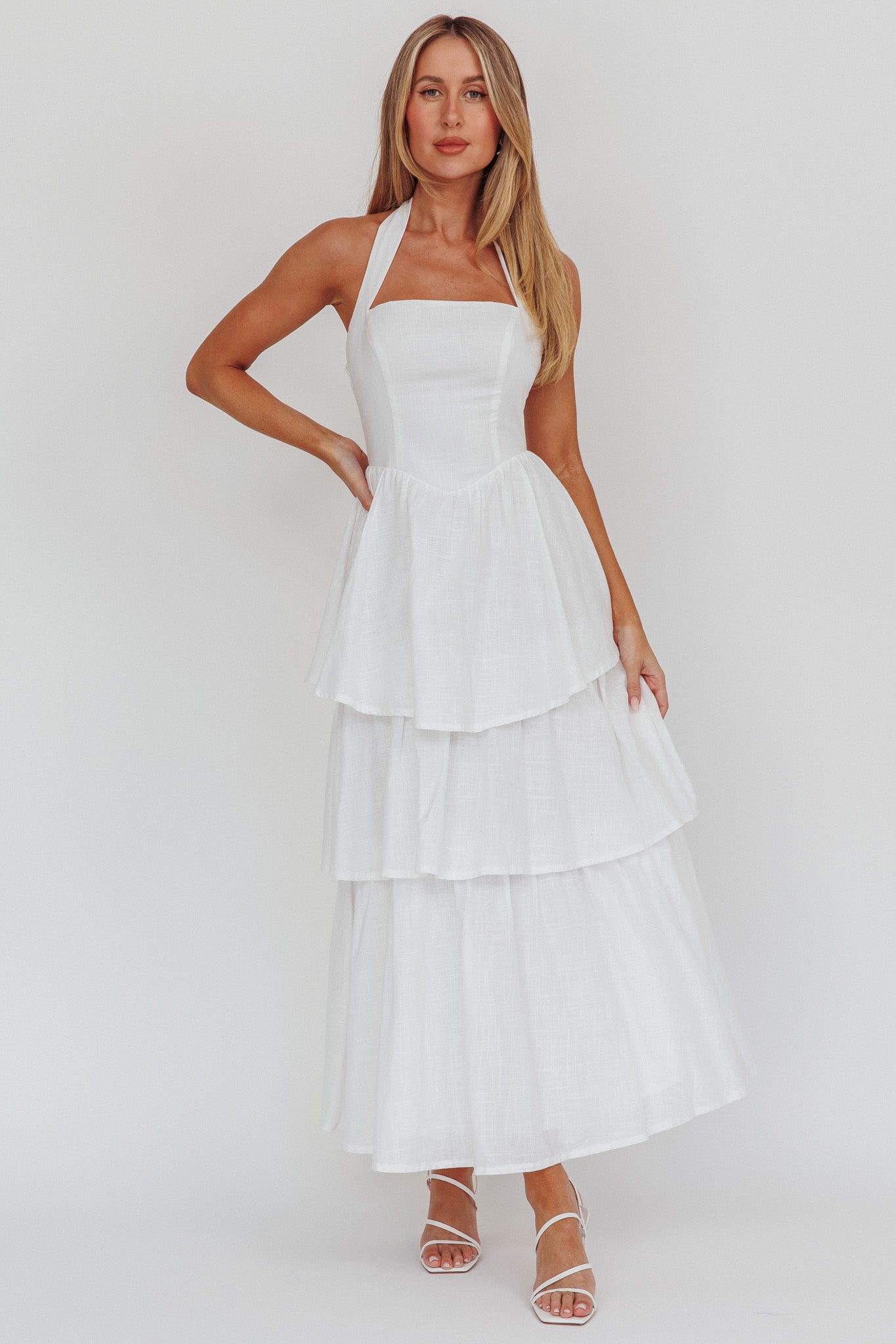 Shaya Tiered Ruffle Maxi Dress White-Maymioy