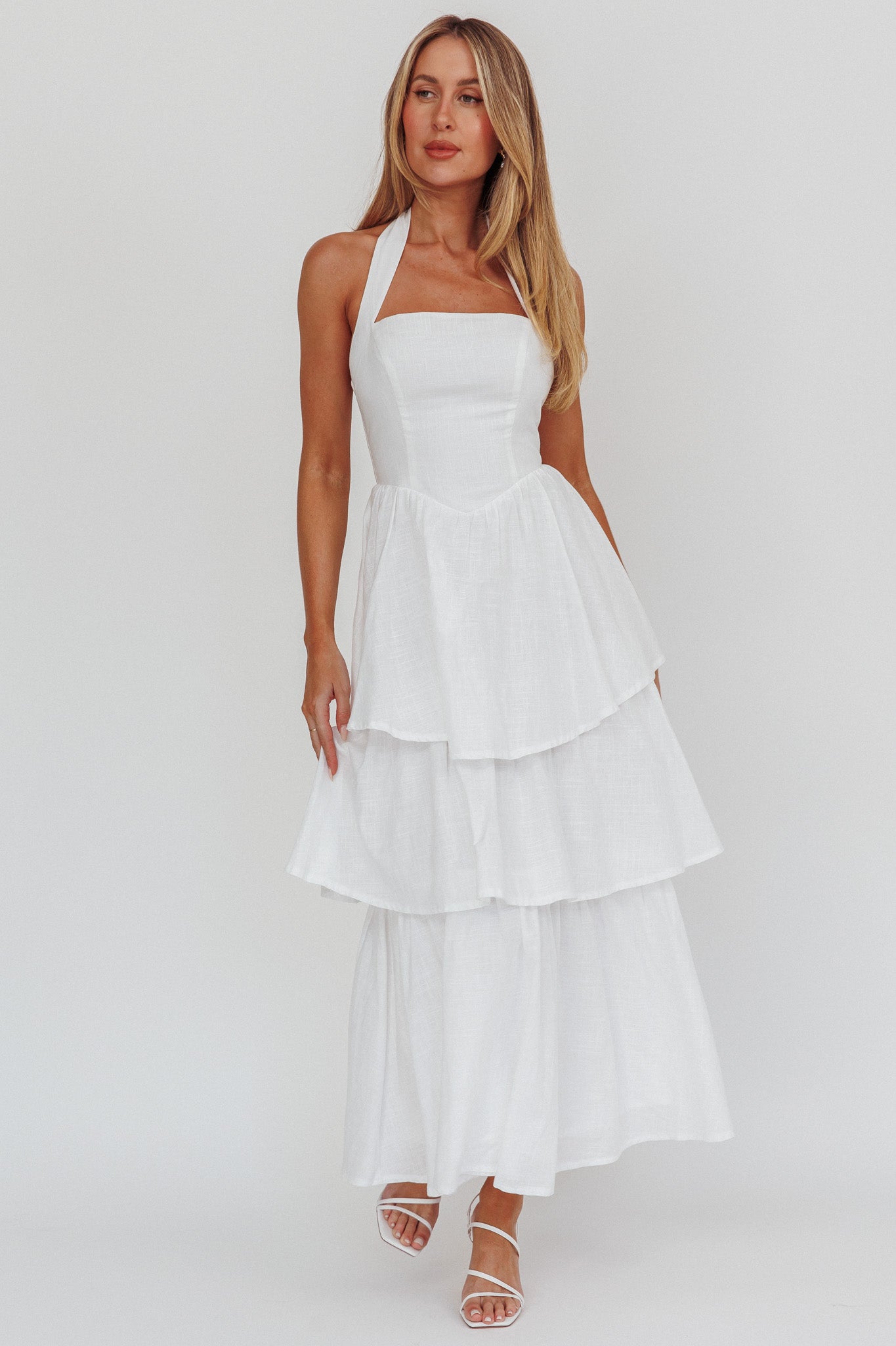Shaya Tiered Ruffle Maxi Dress White-Maymioy