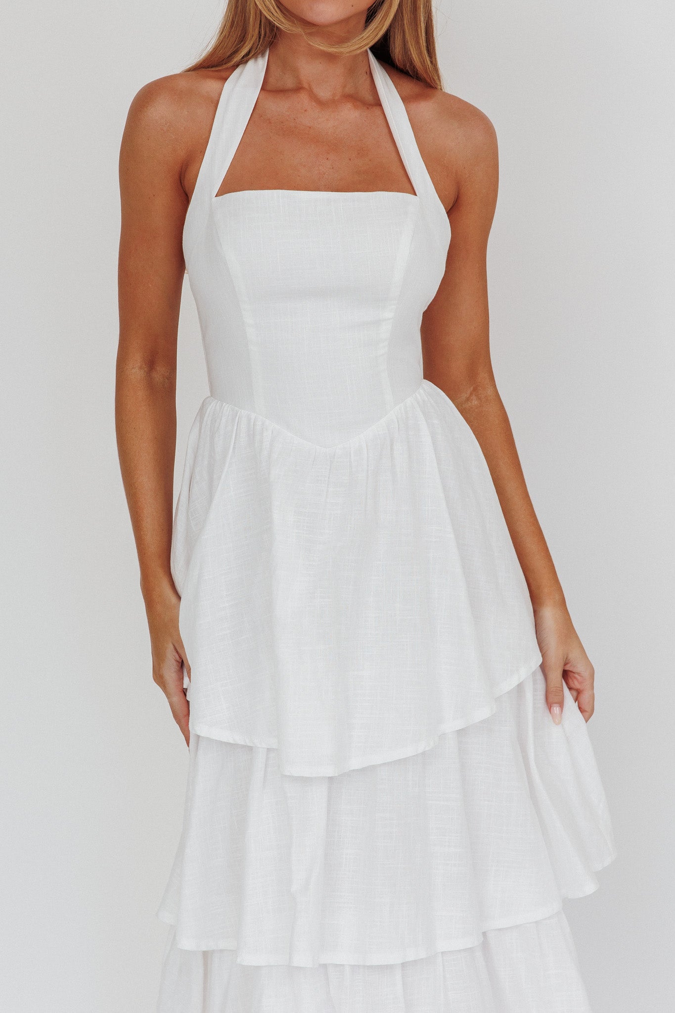 Shaya Tiered Ruffle Maxi Dress White-Maymioy