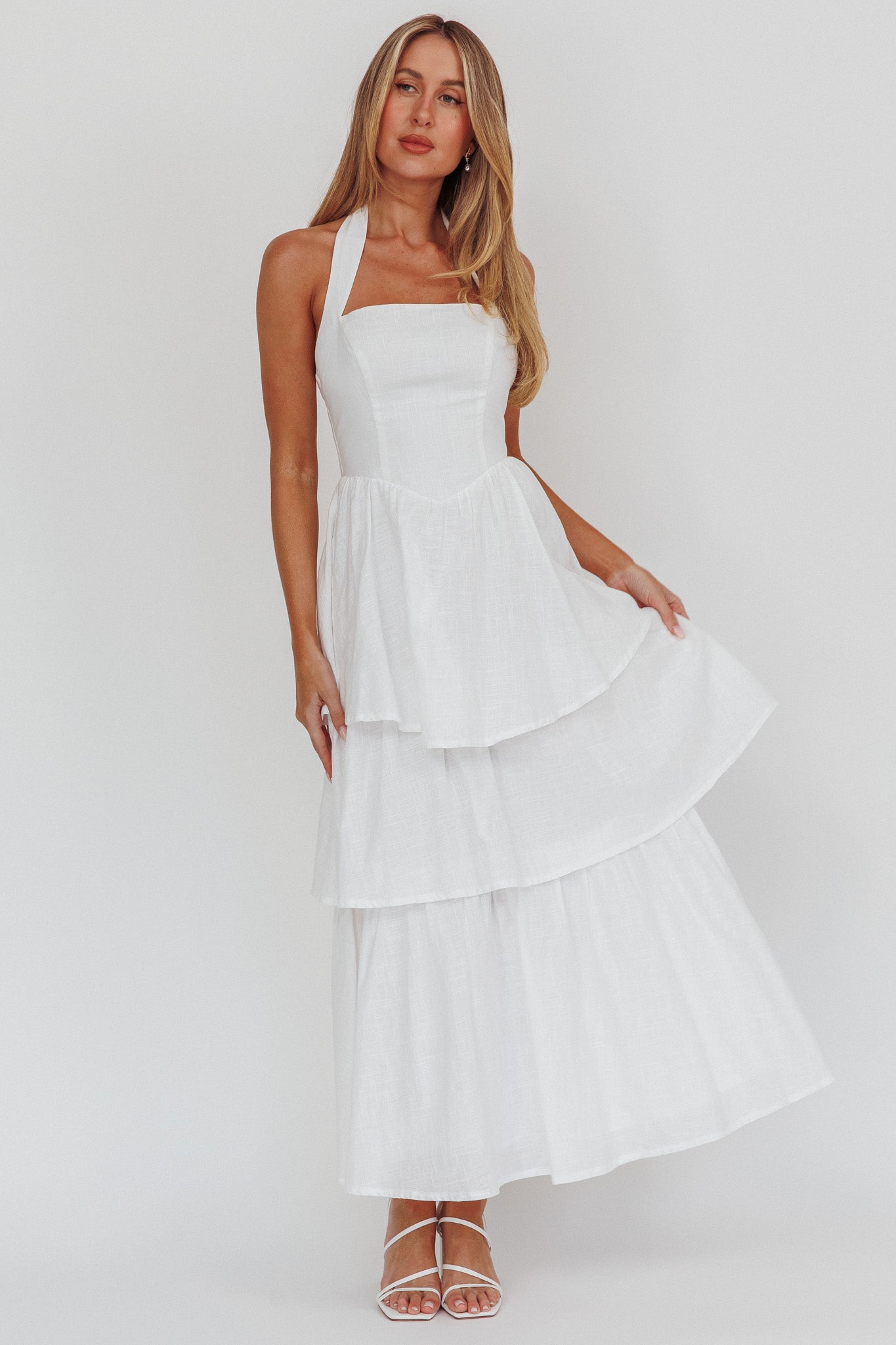 Shaya Tiered Ruffle Maxi Dress White-Maymioy