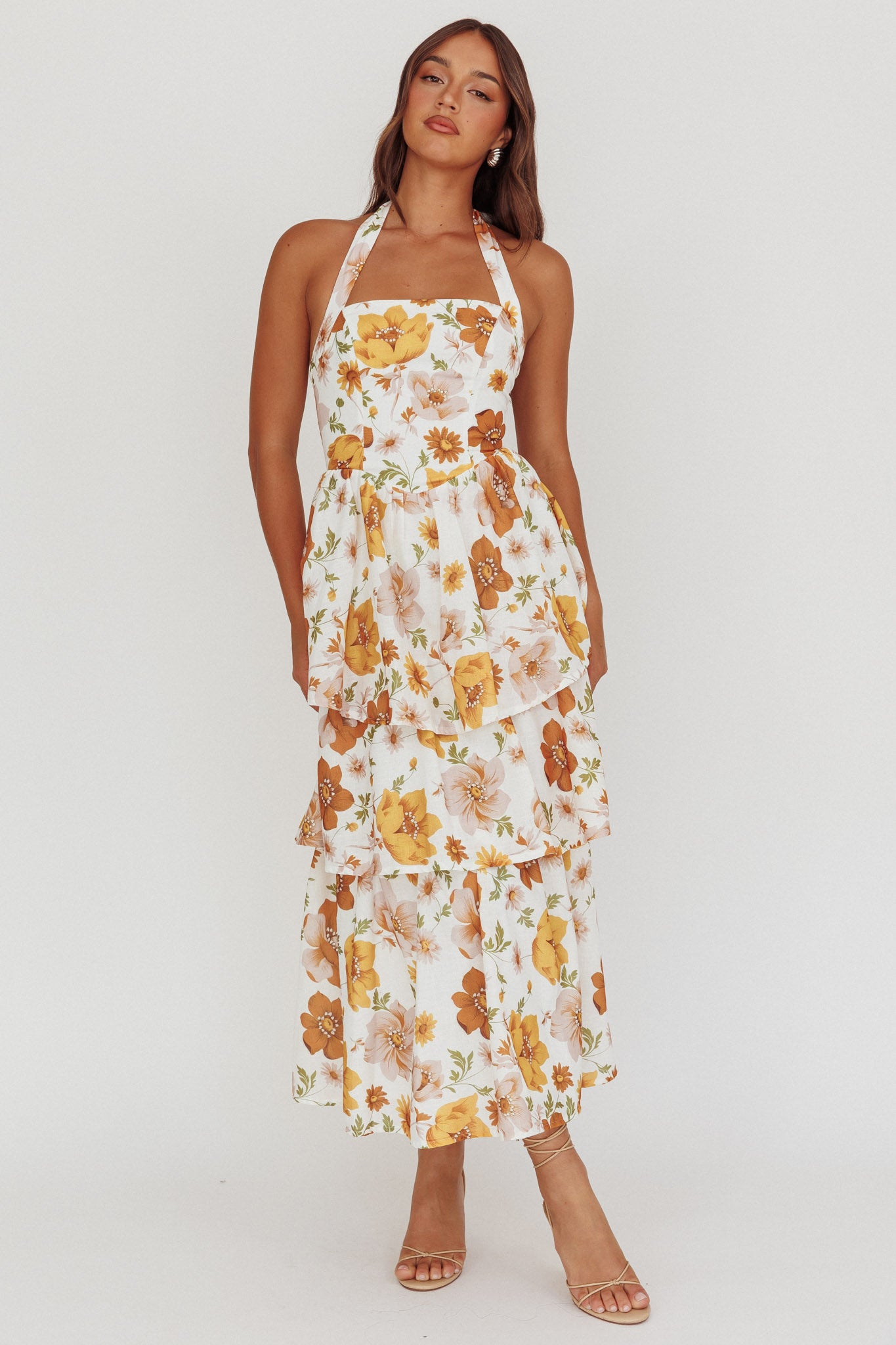 Shaya Tiered Ruffle Maxi Dress Floral Yellow-Maymioy