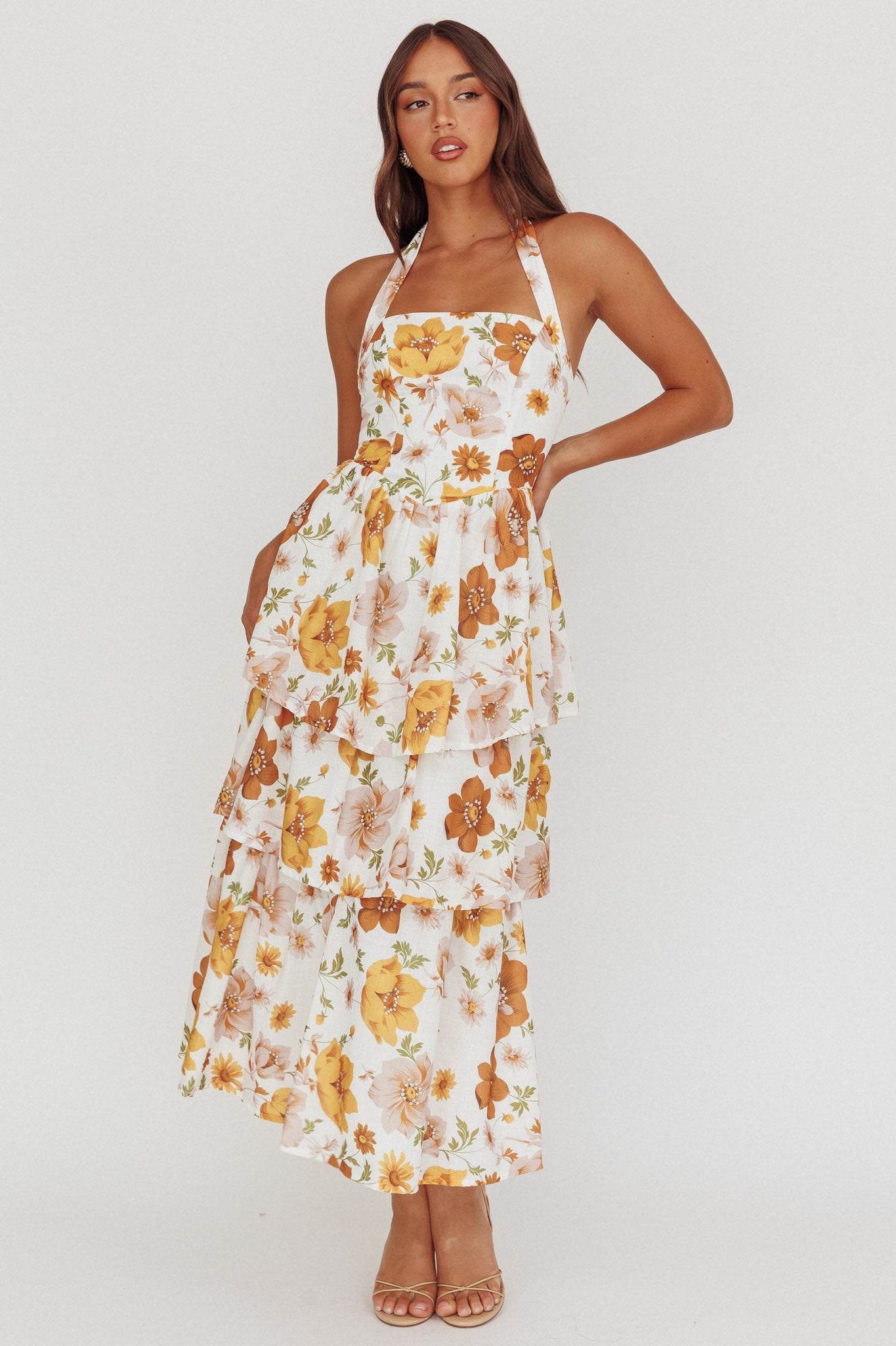 Shaya Tiered Ruffle Maxi Dress Floral Yellow-Maymioy