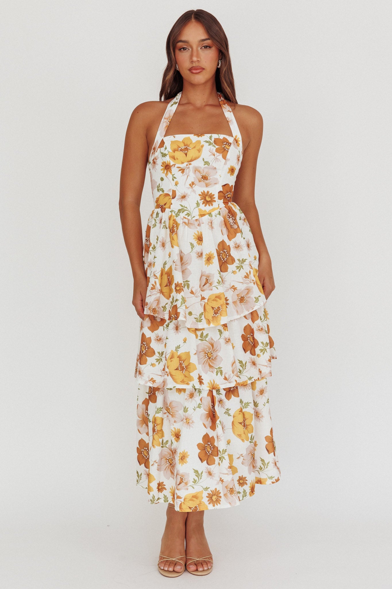 Shaya Tiered Ruffle Maxi Dress Floral Yellow-Maymioy