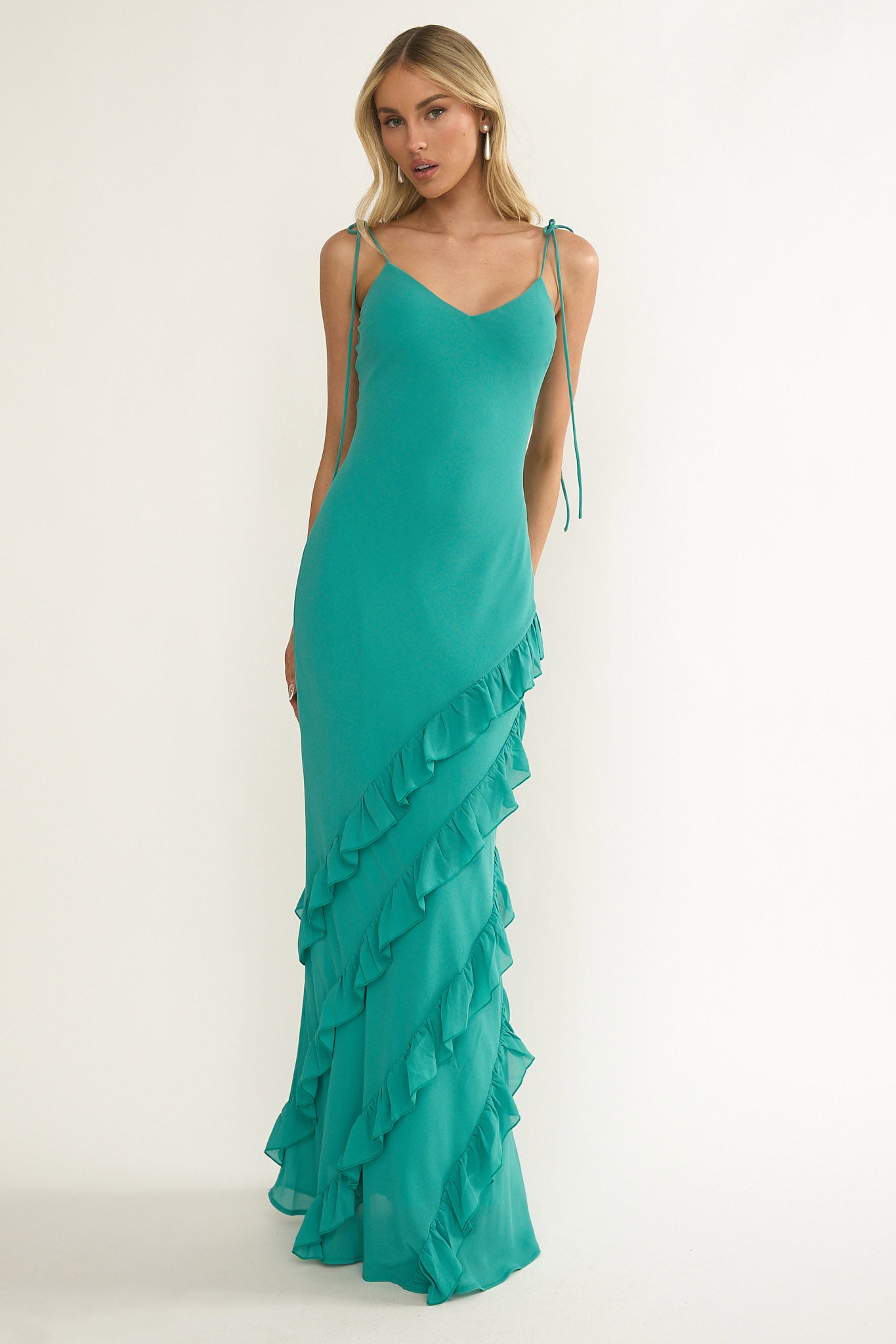 Dreamy Day Ruffle Trim Maxi Dress Turquoise-Maymioy