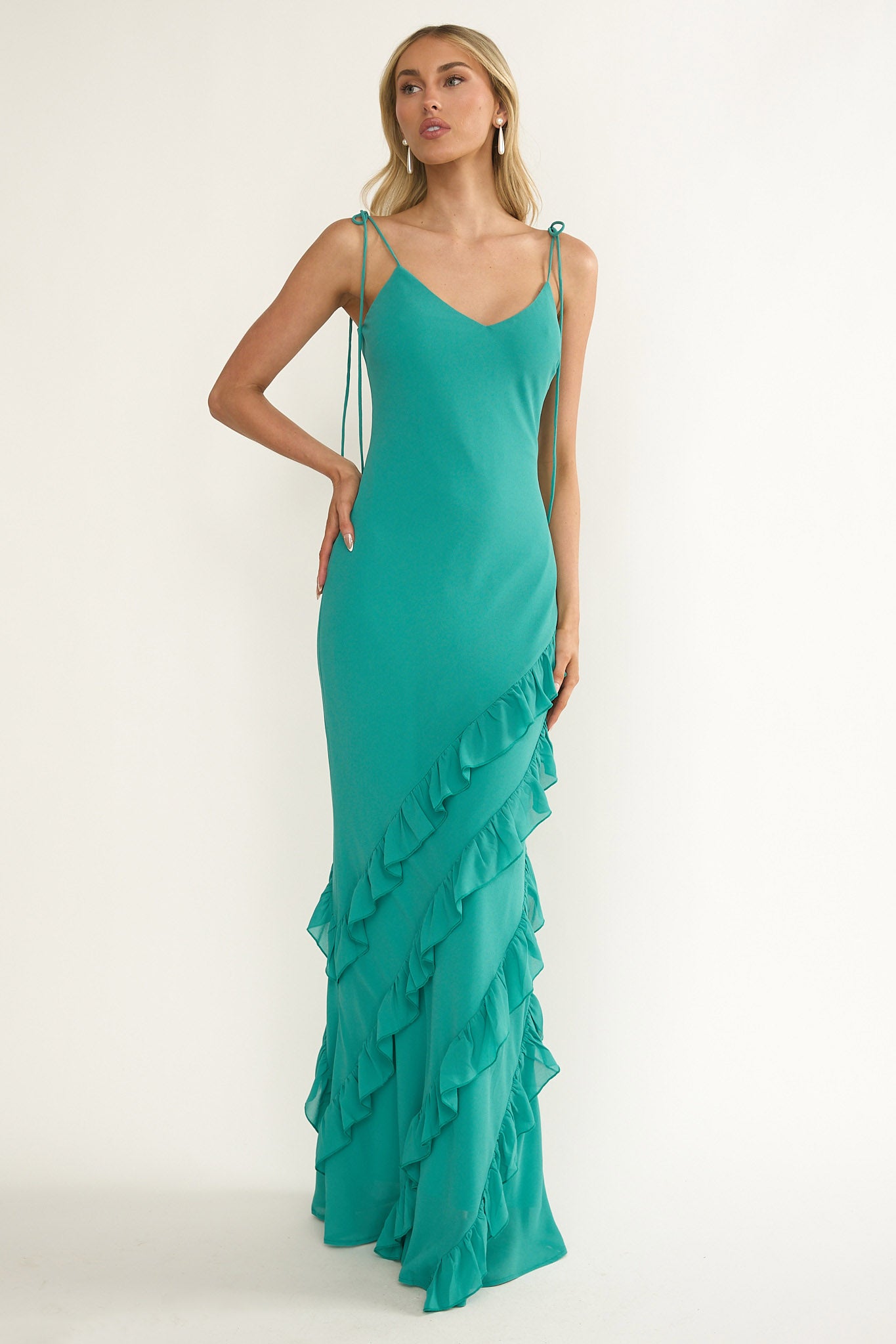 Dreamy Day Ruffle Trim Maxi Dress Turquoise-Maymioy