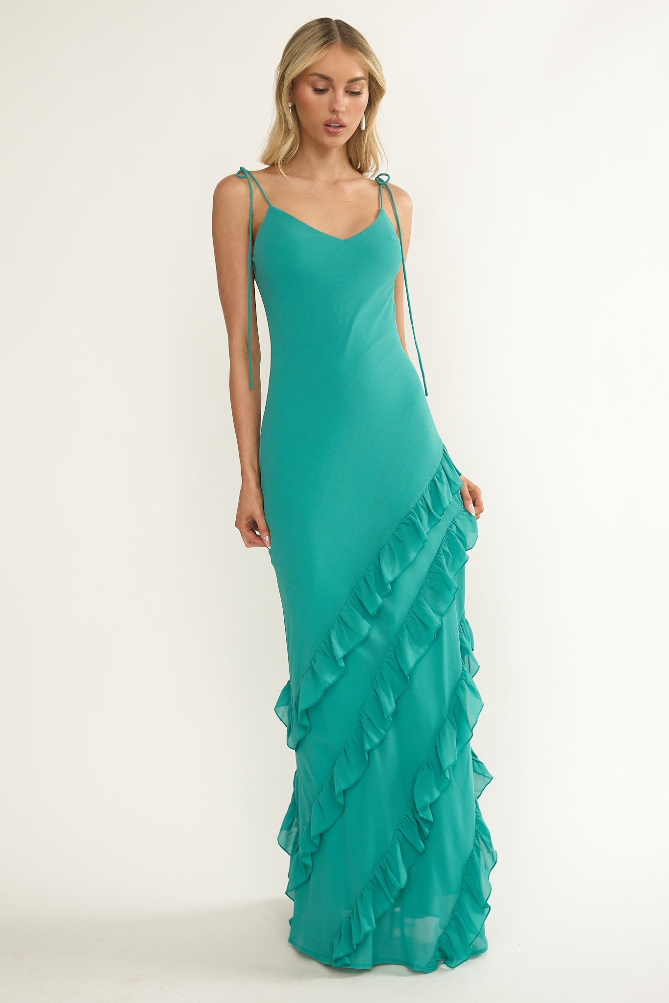 Dreamy Day Ruffle Trim Maxi Dress Turquoise-Maymioy