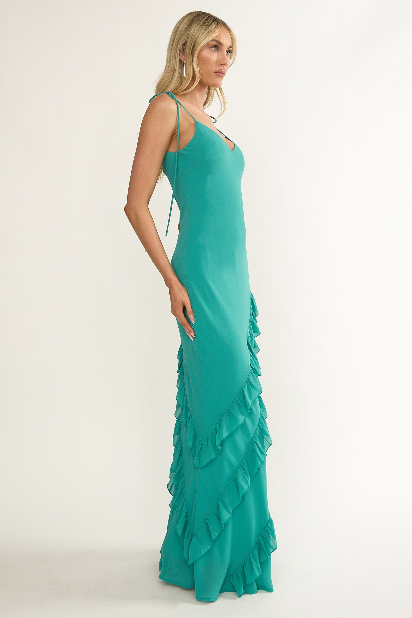 Dreamy Day Ruffle Trim Maxi Dress Turquoise-Maymioy