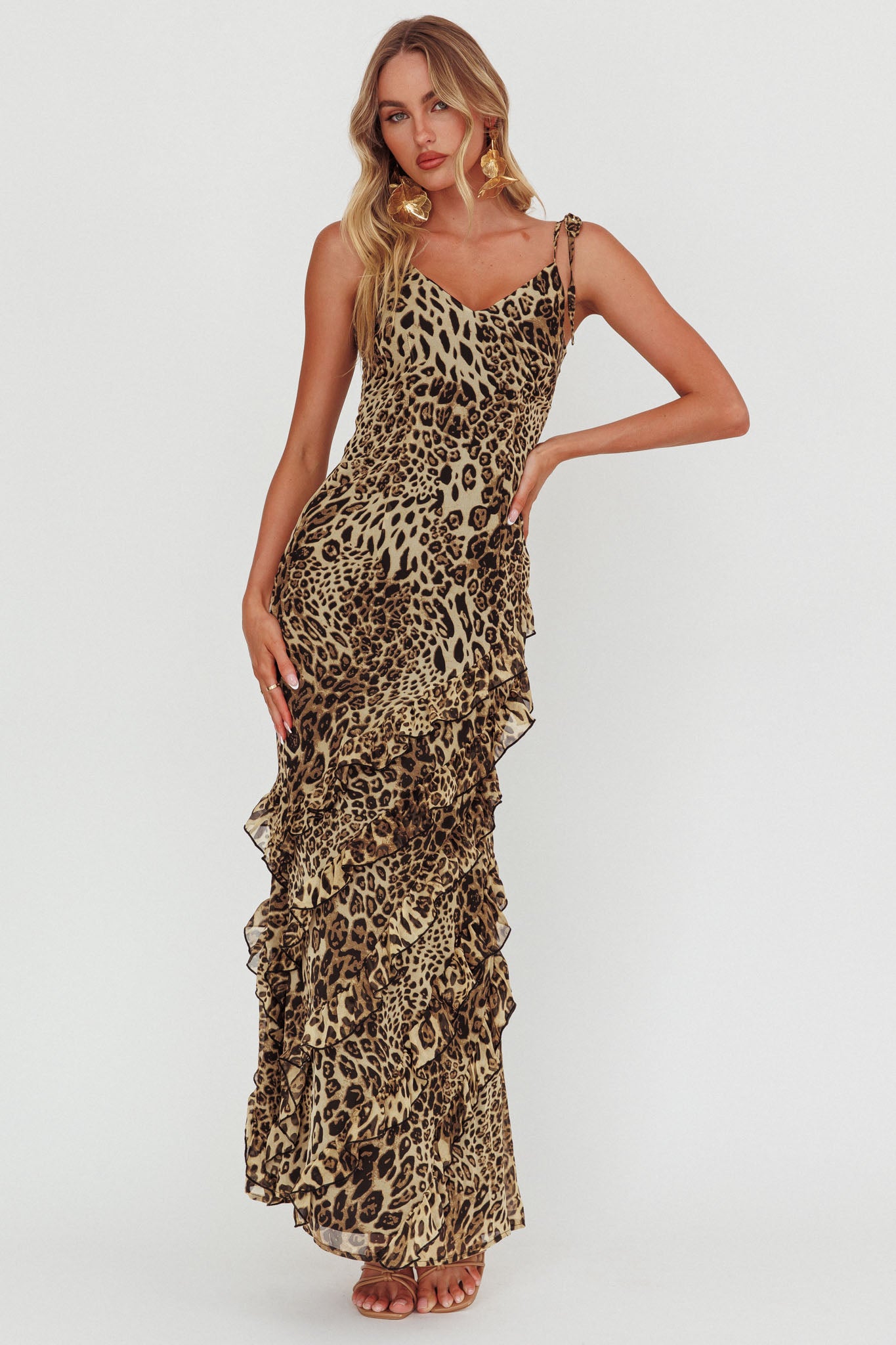 Dreamy Day Ruffle Trim Maxi Dress Leopard-Maymioy