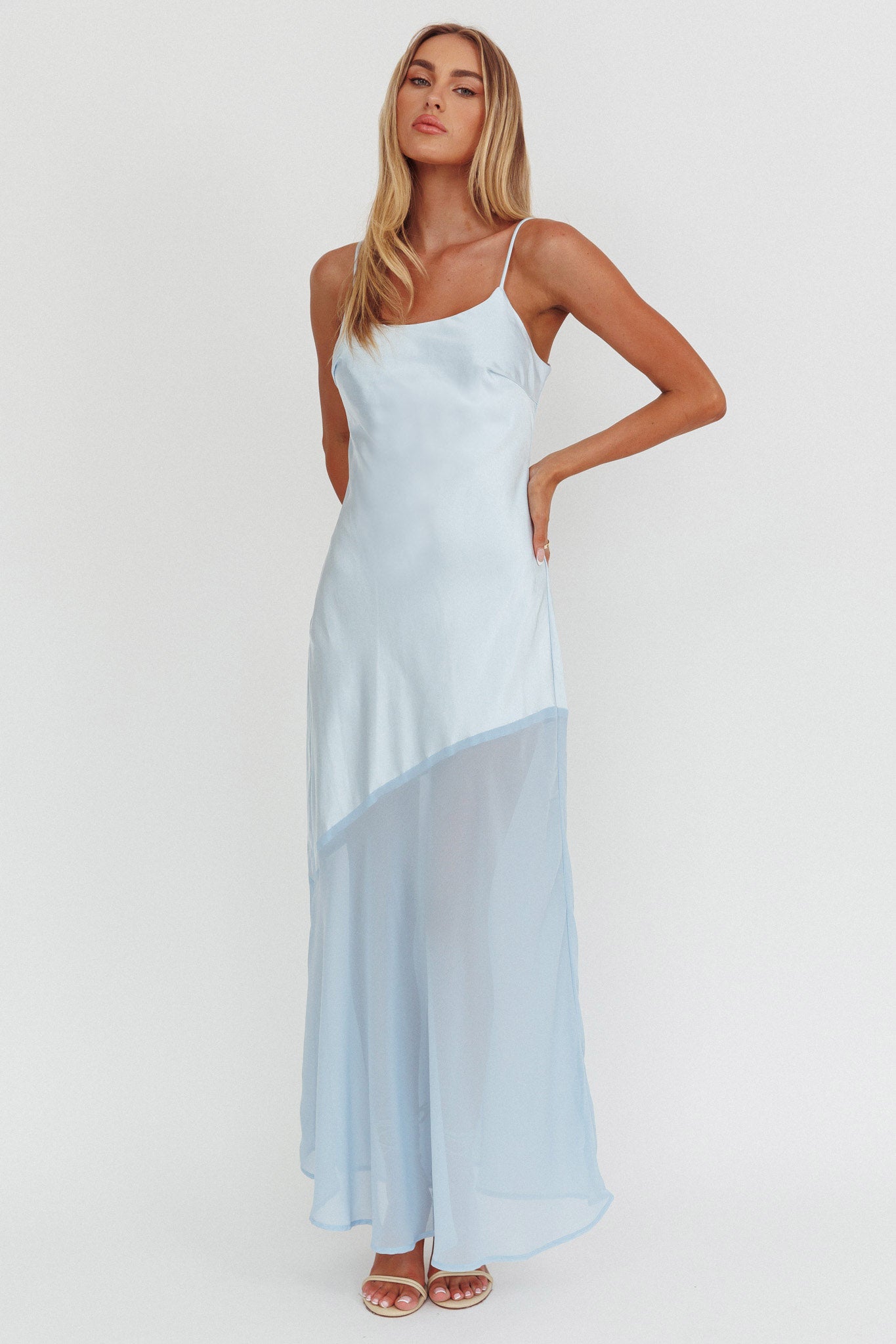 Gilded Dream Chiffon Hem Maxi Dress Baby Blue-Maymioy
