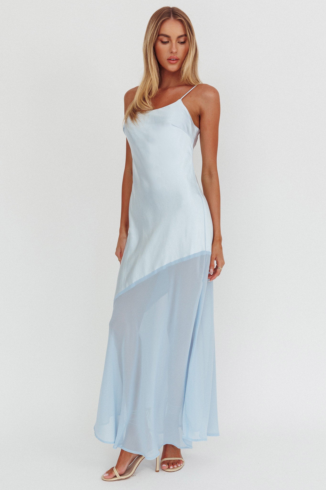 Gilded Dream Chiffon Hem Maxi Dress Baby Blue-Maymioy