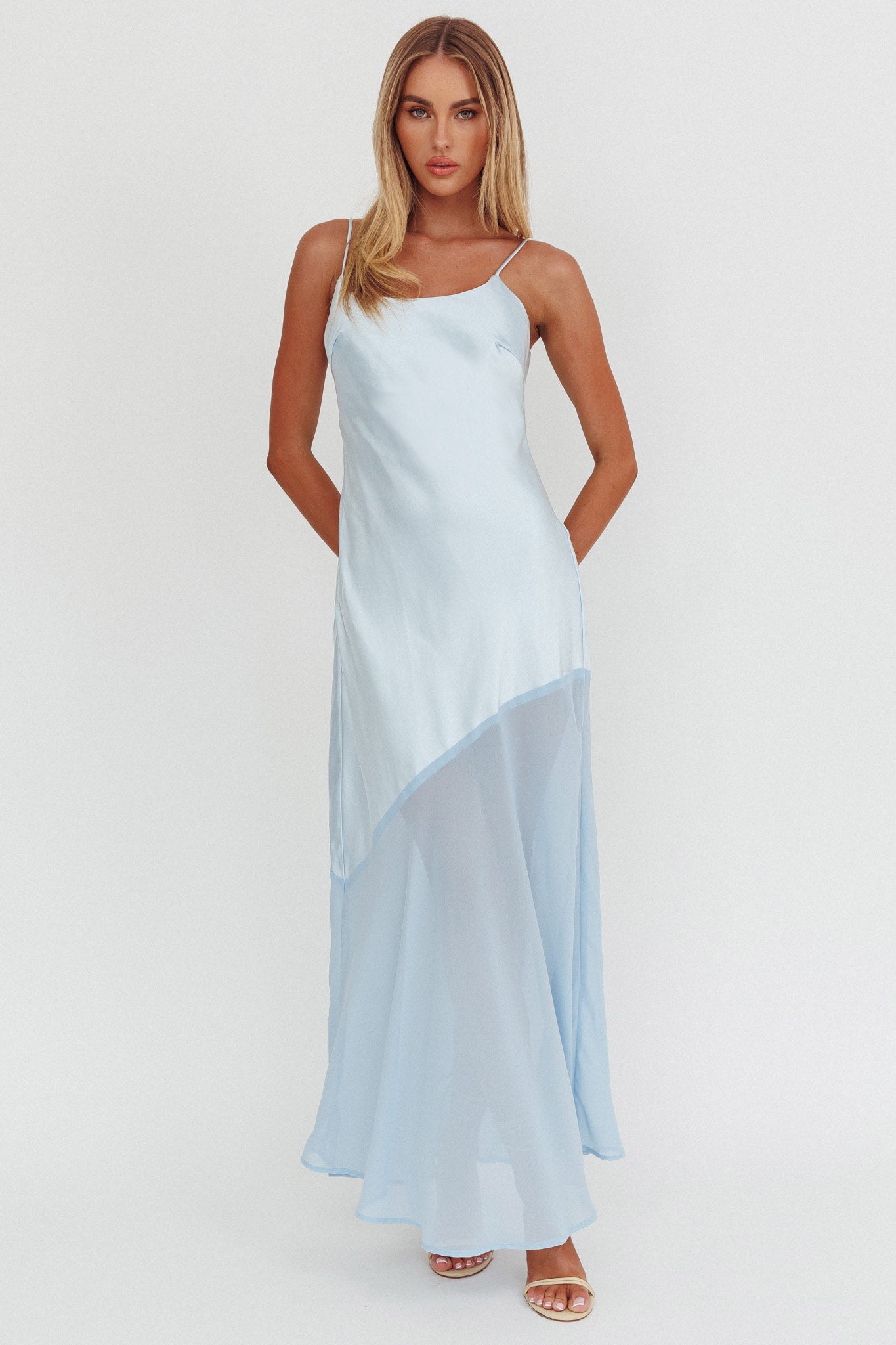 Gilded Dream Chiffon Hem Maxi Dress Baby Blue-Maymioy