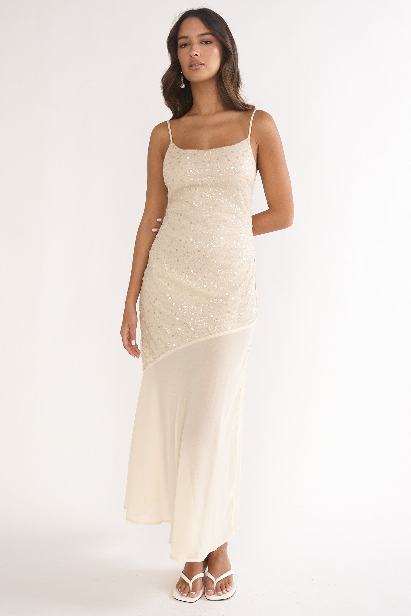 Gilded Dream Chiffon Hem Maxi Dress Sequin Oyster-Maymioy