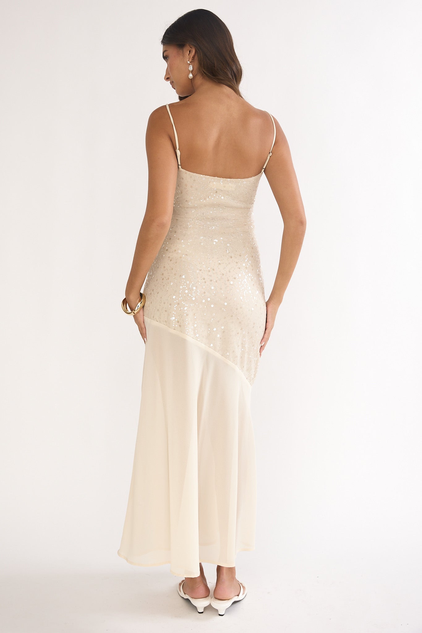 Gilded Dream Chiffon Hem Maxi Dress Sequin Oyster-Maymioy