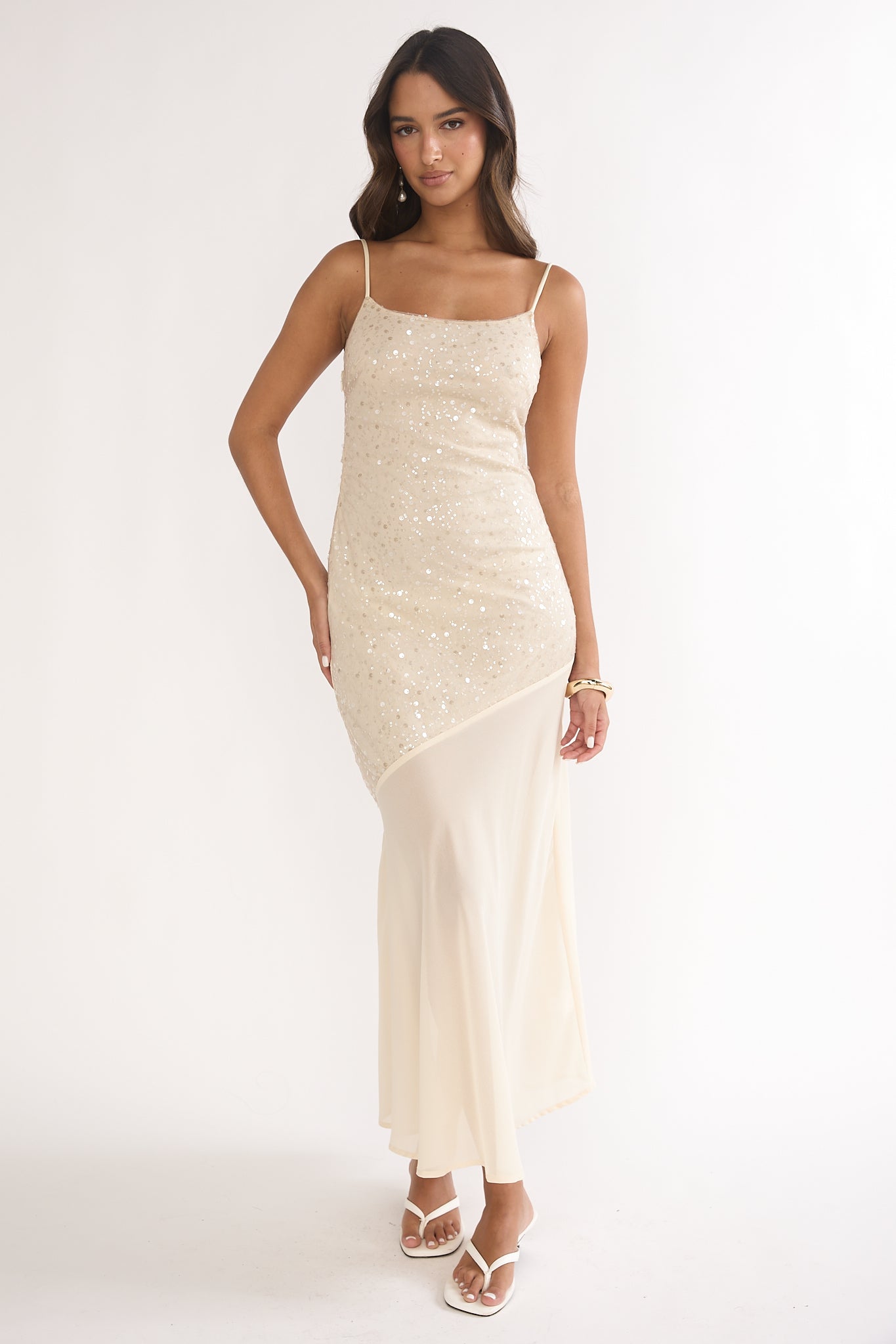 Gilded Dream Chiffon Hem Maxi Dress Sequin Oyster-Maymioy