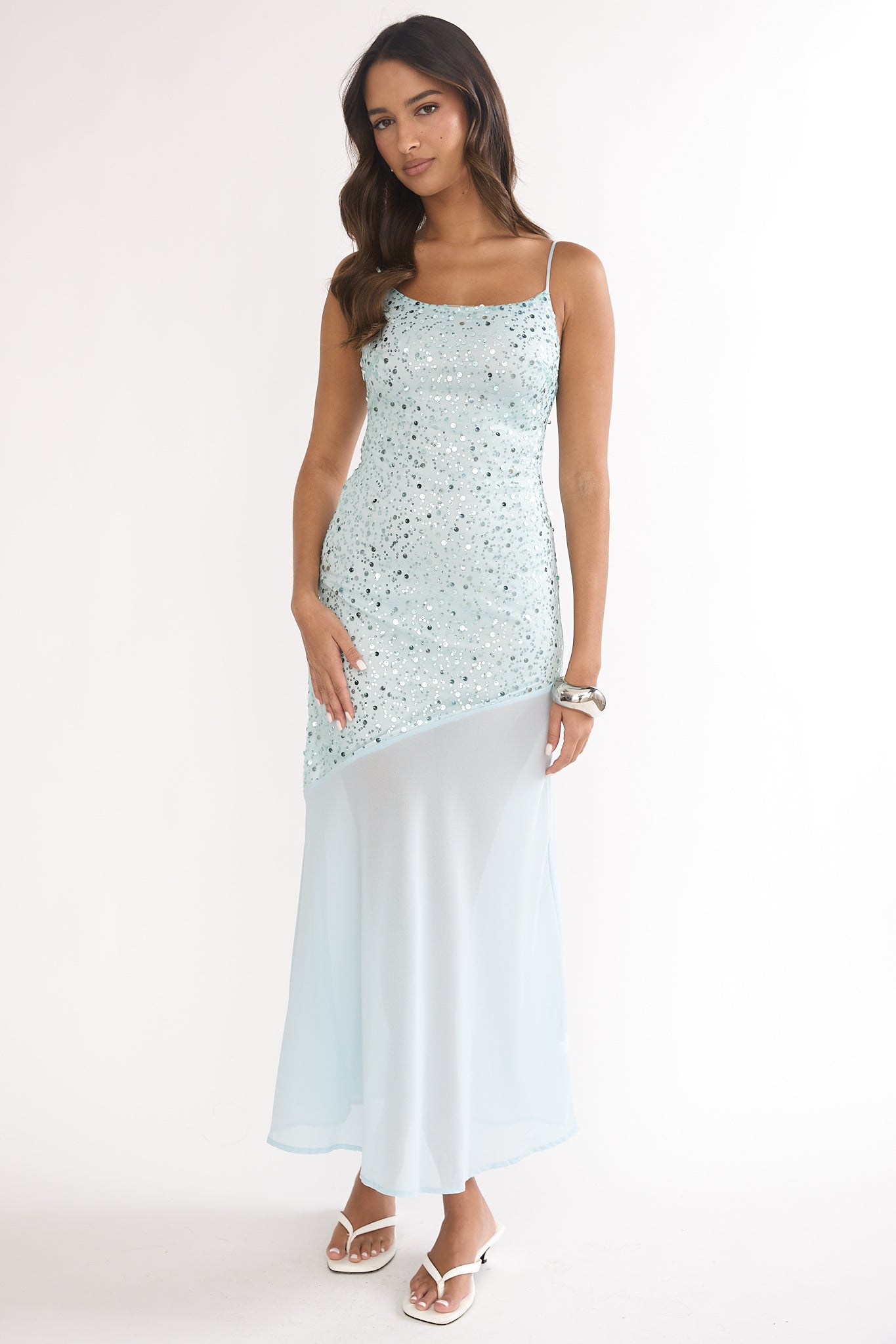 Gilded Dream Chiffon Hem Maxi Dress Sequin Sage-Maymioy