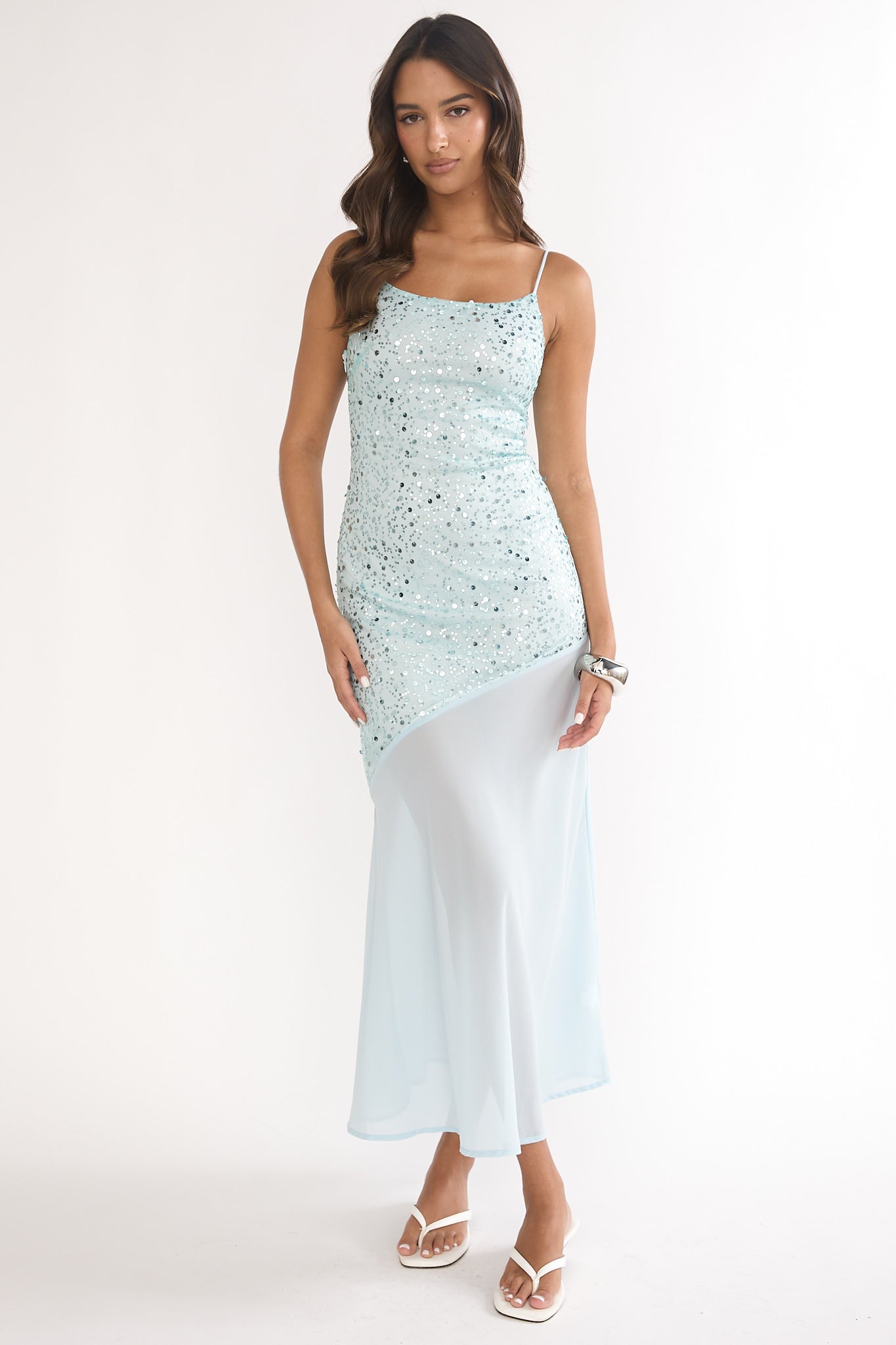 Gilded Dream Chiffon Hem Maxi Dress Sequin Sage-Maymioy
