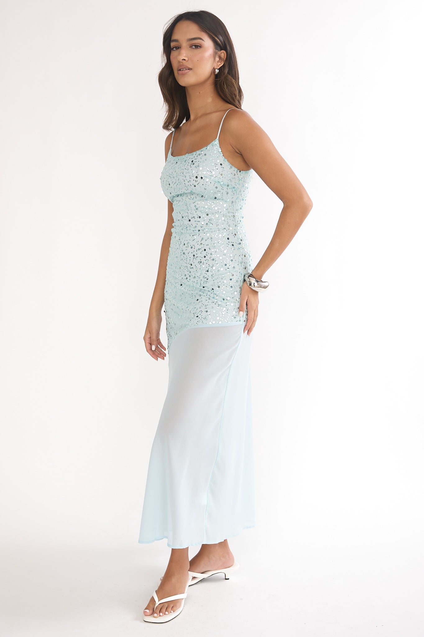 Gilded Dream Chiffon Hem Maxi Dress Sequin Sage-Maymioy