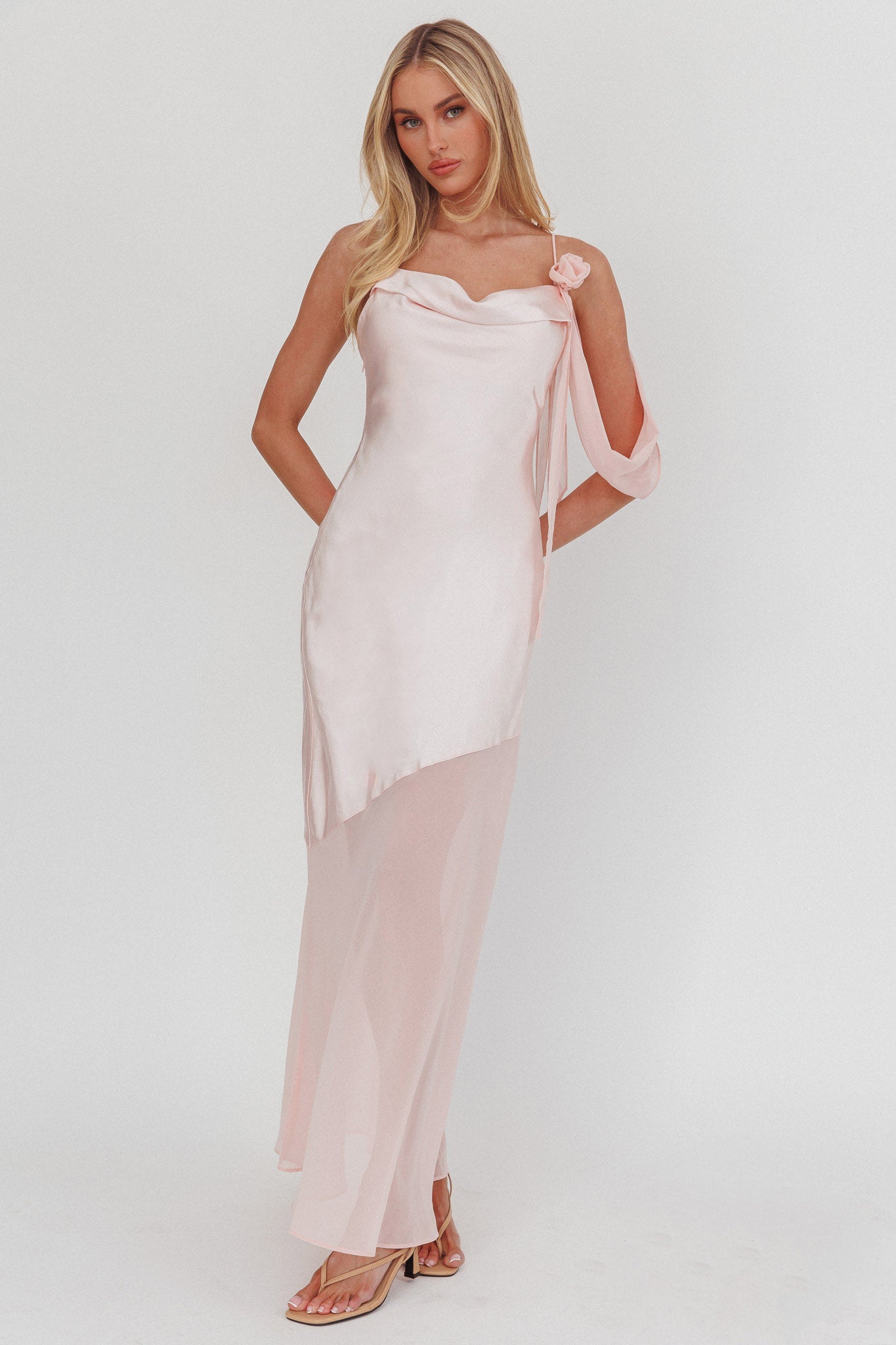 Gilded Dream Shoulder Detail Chiffon Hem Maxi Dress Blush-Maymioy
