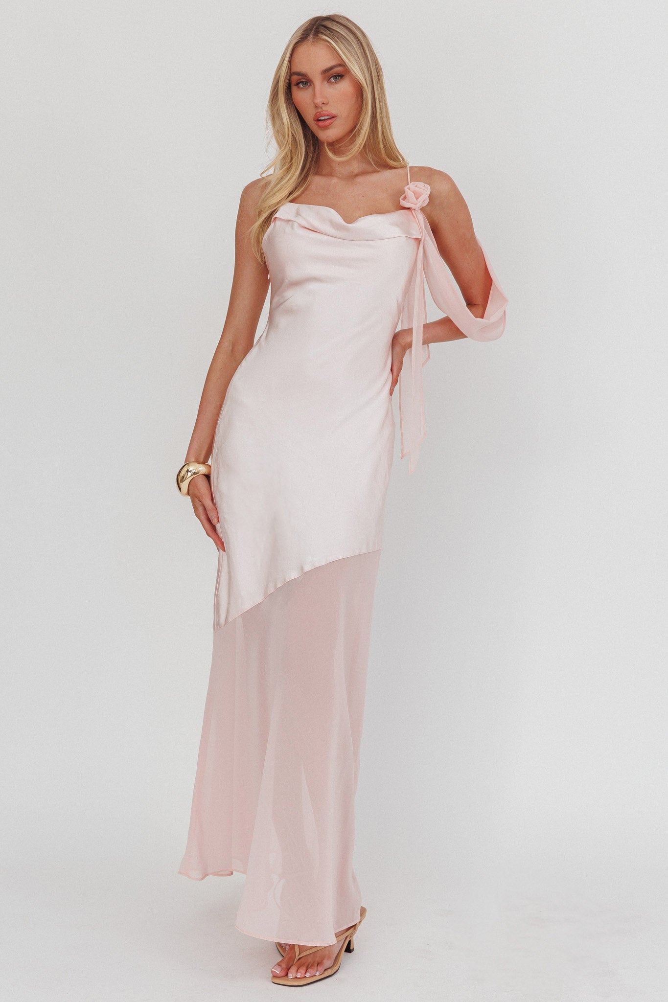 Gilded Dream Shoulder Detail Chiffon Hem Maxi Dress Blush-Maymioy