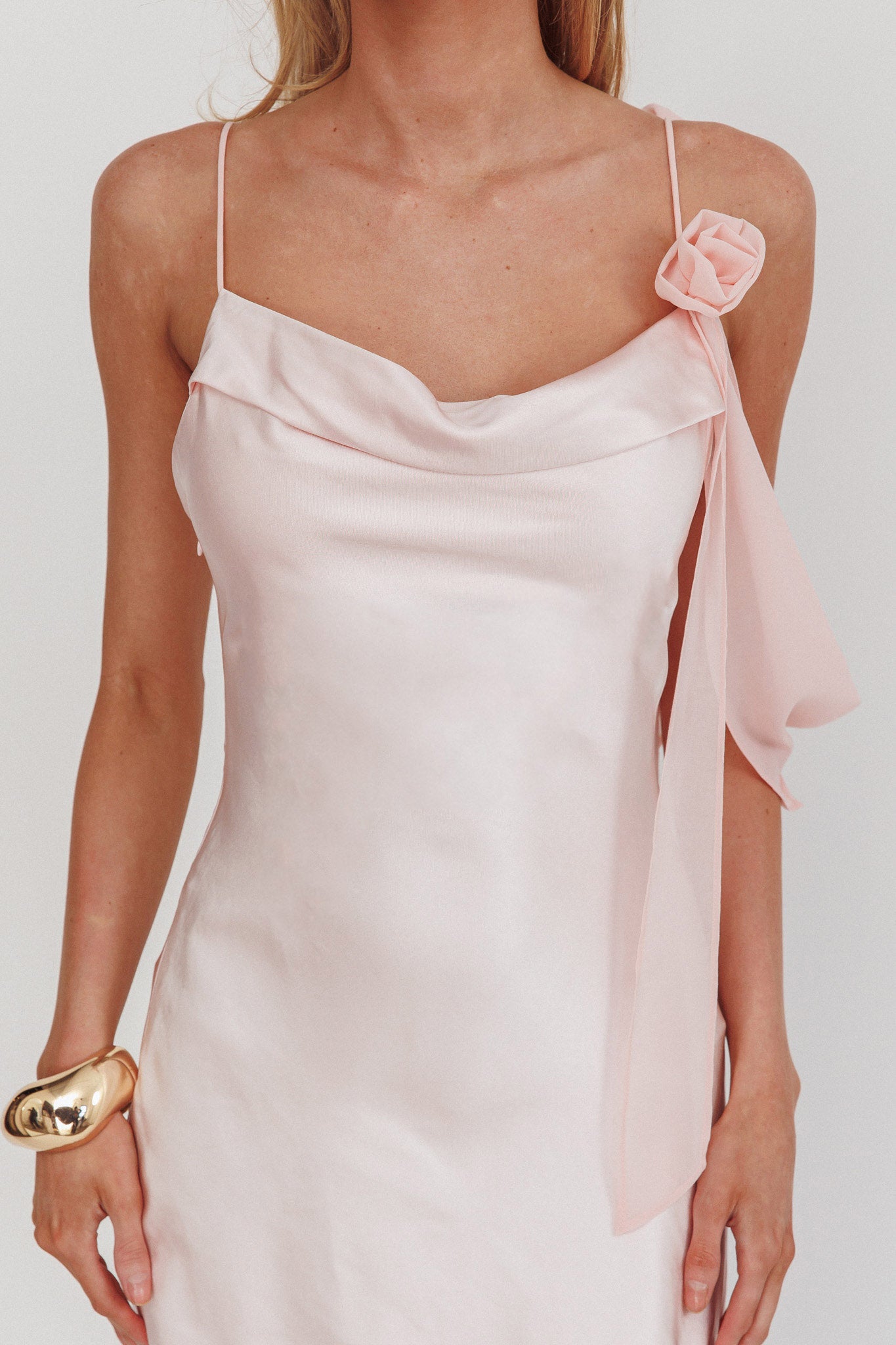 Gilded Dream Shoulder Detail Chiffon Hem Maxi Dress Blush-Maymioy