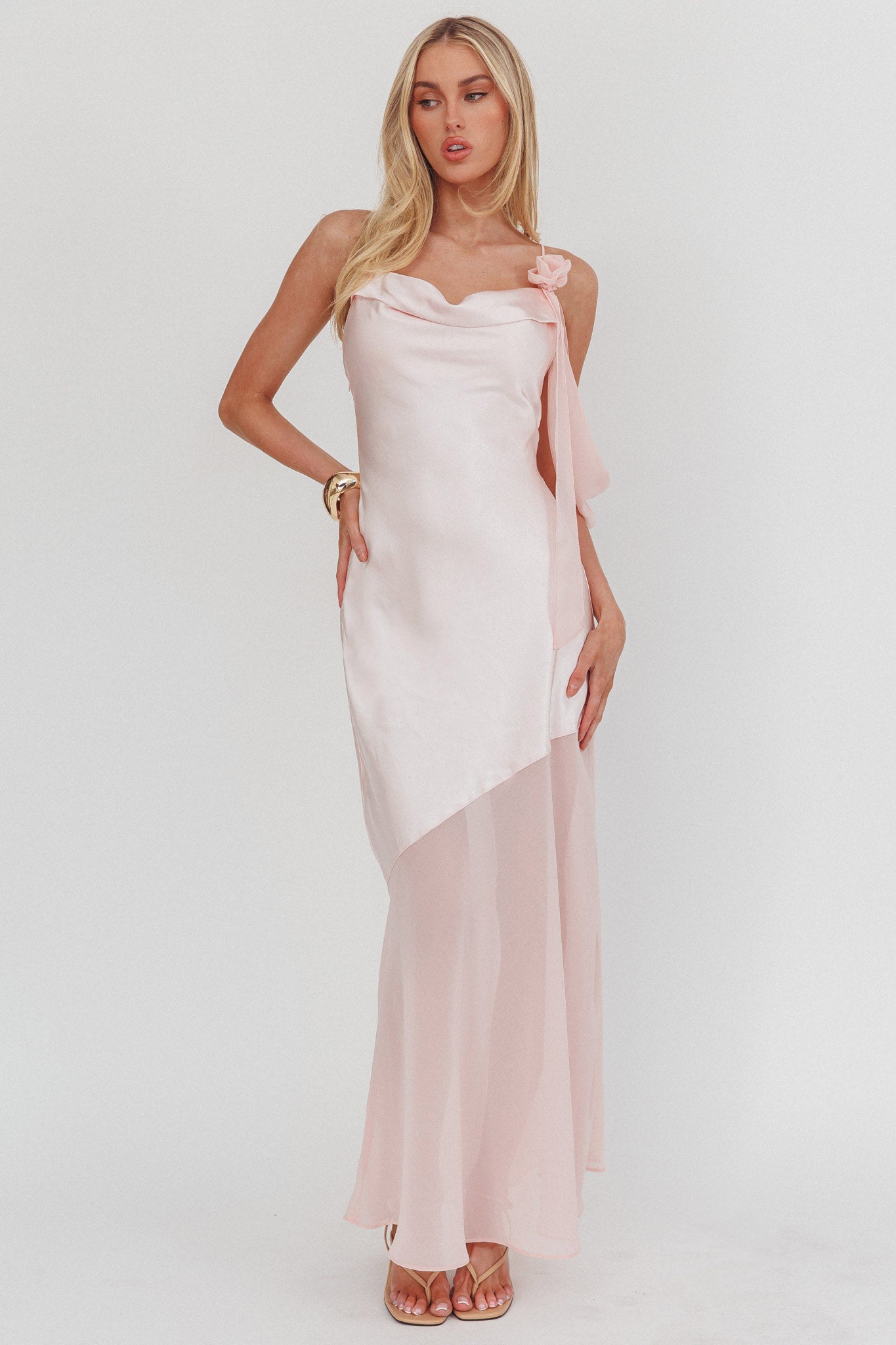 Gilded Dream Shoulder Detail Chiffon Hem Maxi Dress Blush-Maymioy