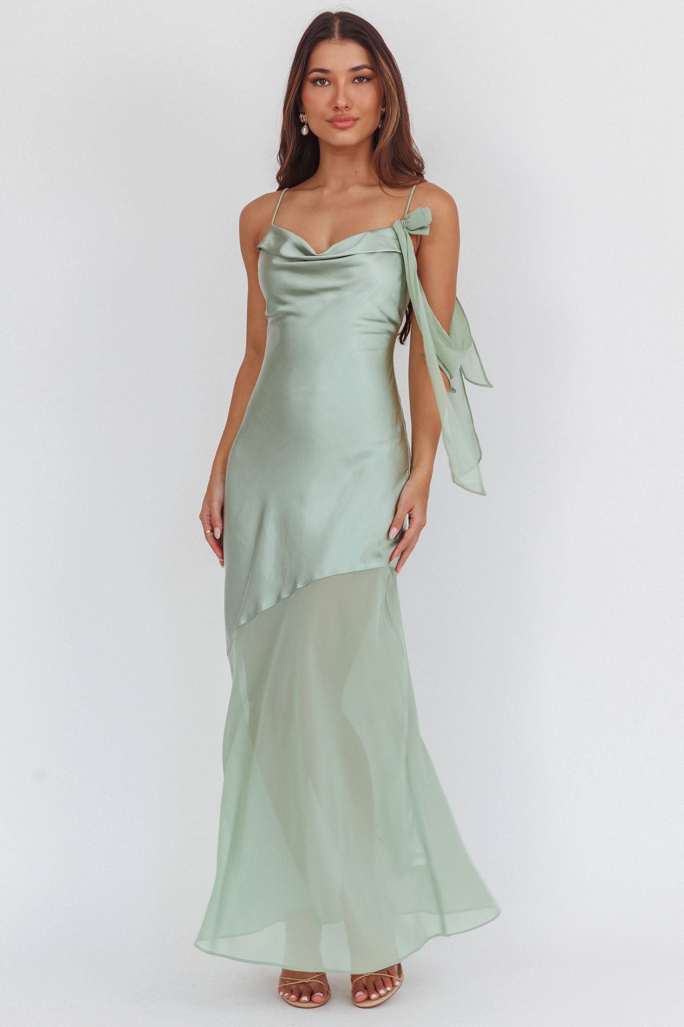 Gilded Dream Shoulder Detail Chiffon Hem Maxi Dress Sage-Maymioy