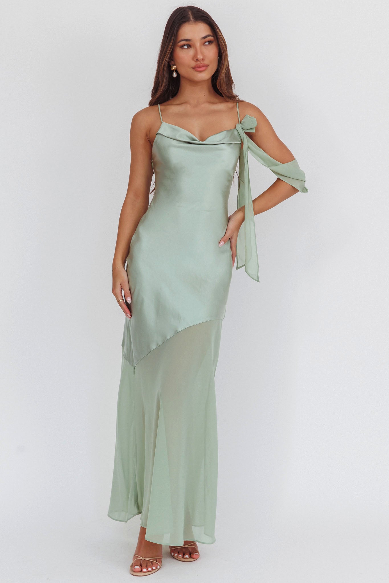 Gilded Dream Shoulder Detail Chiffon Hem Maxi Dress Sage-Maymioy
