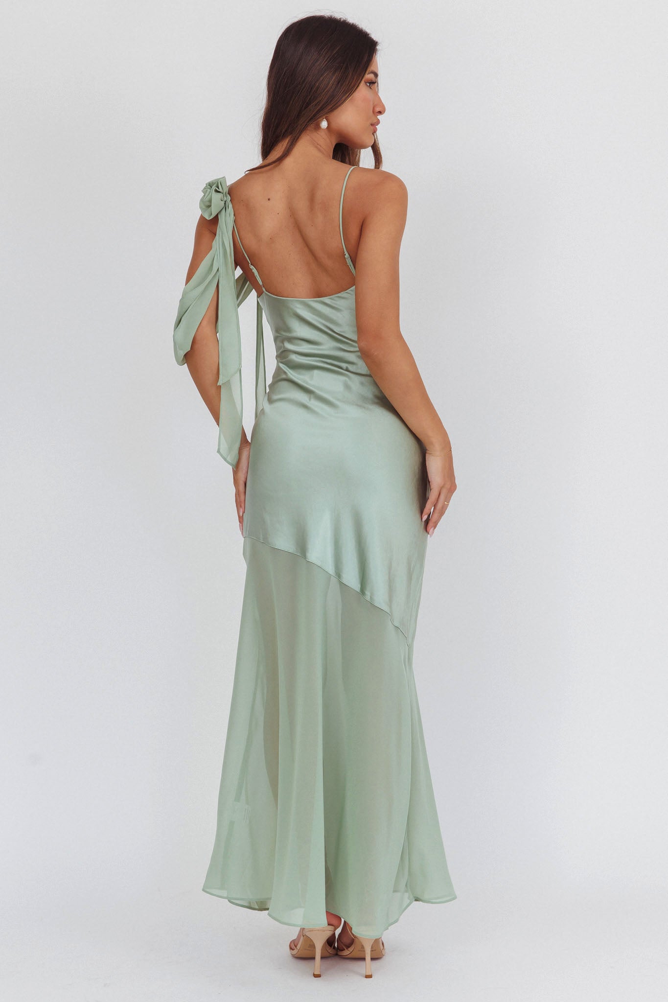 Gilded Dream Shoulder Detail Chiffon Hem Maxi Dress Sage-Maymioy