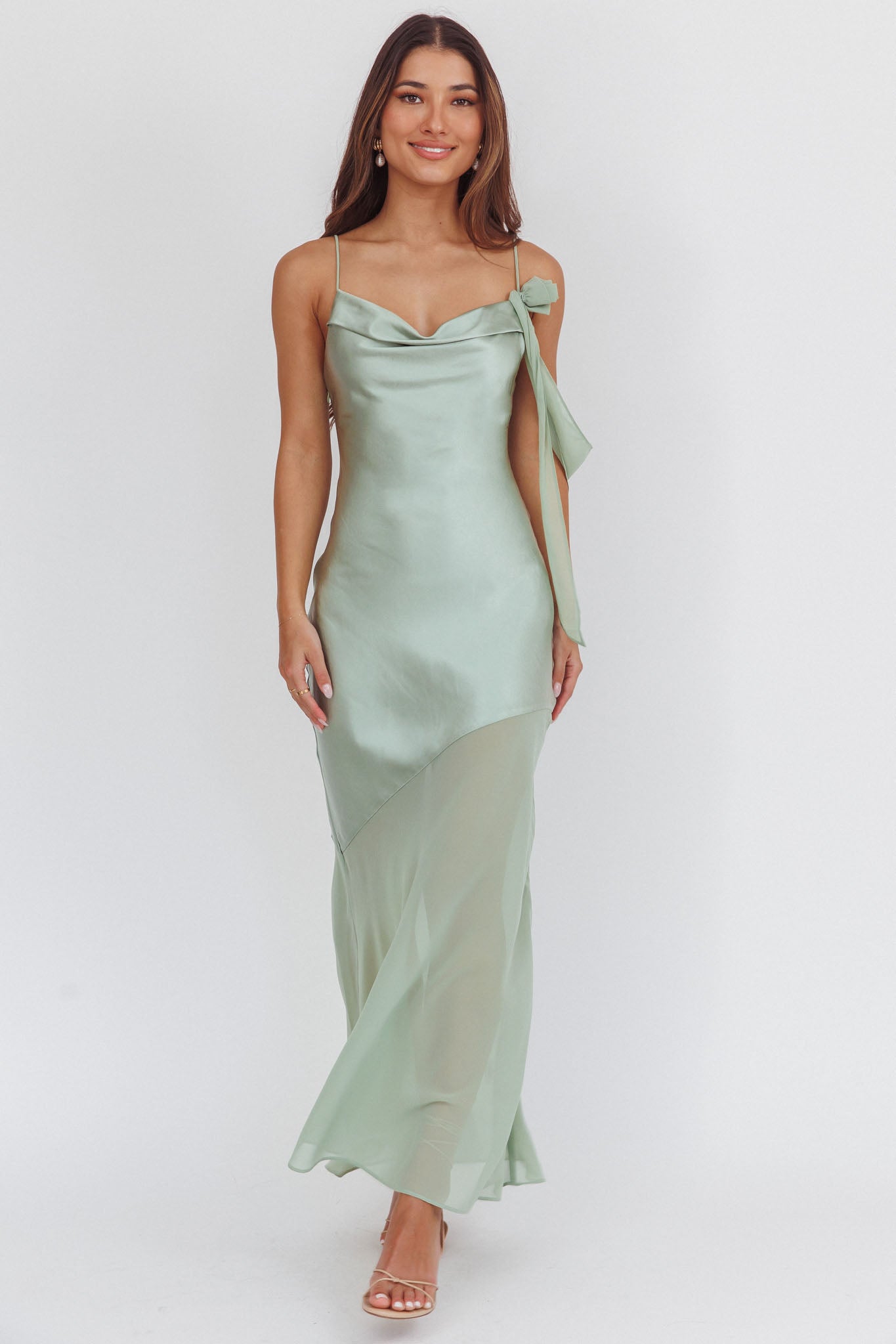 Gilded Dream Shoulder Detail Chiffon Hem Maxi Dress Sage-Maymioy