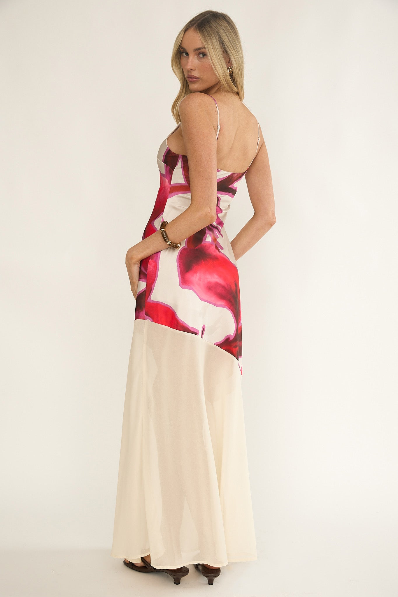 Gilded Dream Chiffon Hem Maxi Dress Print Beige-Maymioy