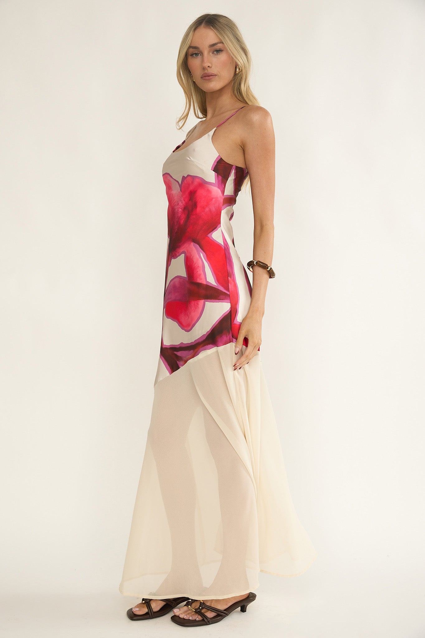 Gilded Dream Chiffon Hem Maxi Dress Print Beige-Maymioy