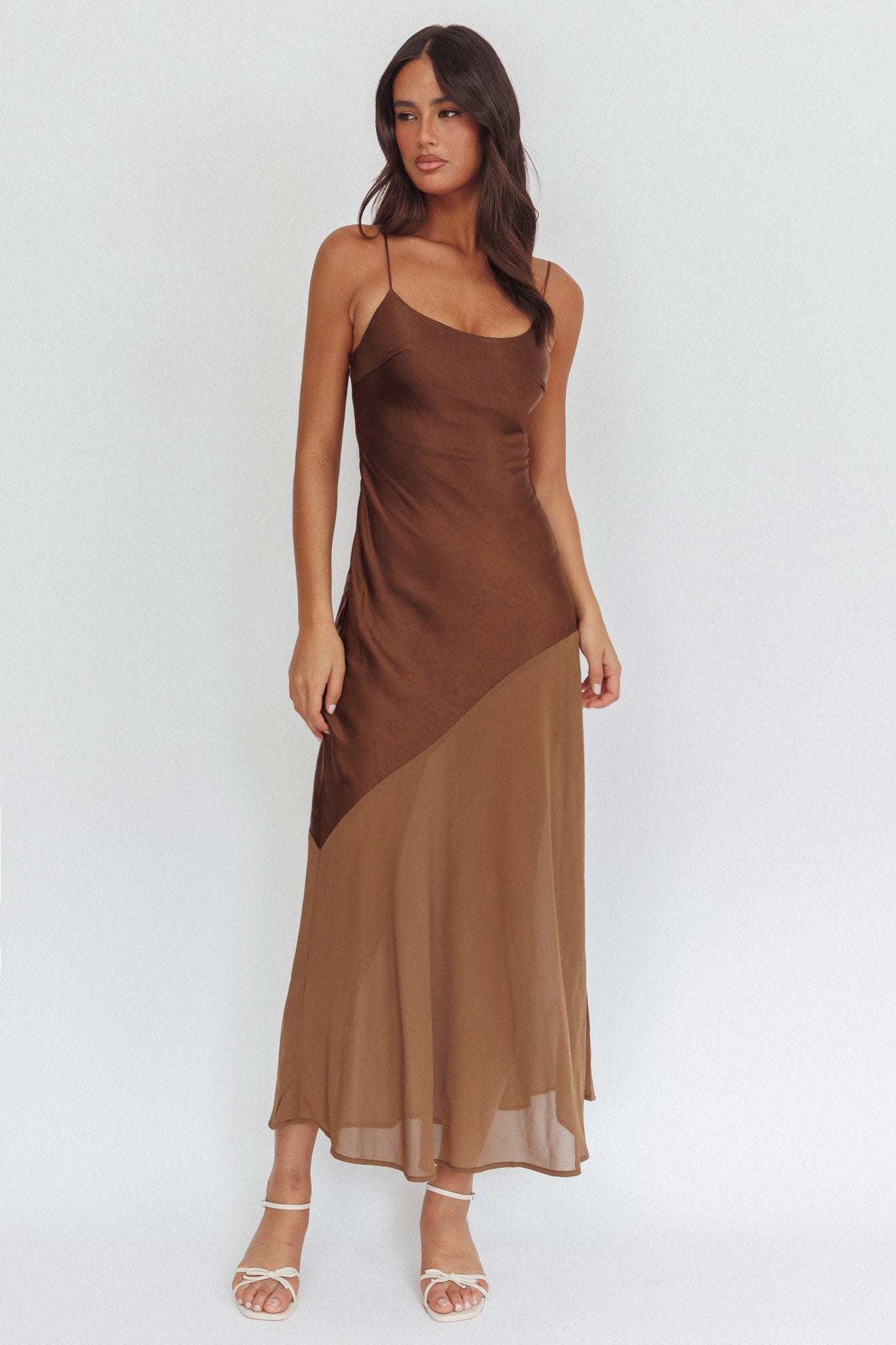 Gilded Dream Chiffon Hem Maxi Dress Chocolate-Maymioy