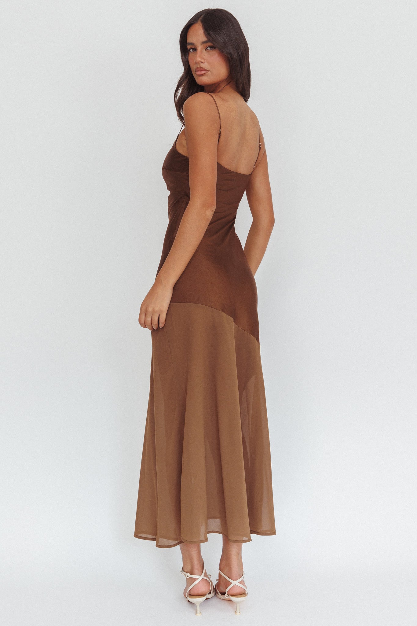 Gilded Dream Chiffon Hem Maxi Dress Chocolate-Maymioy