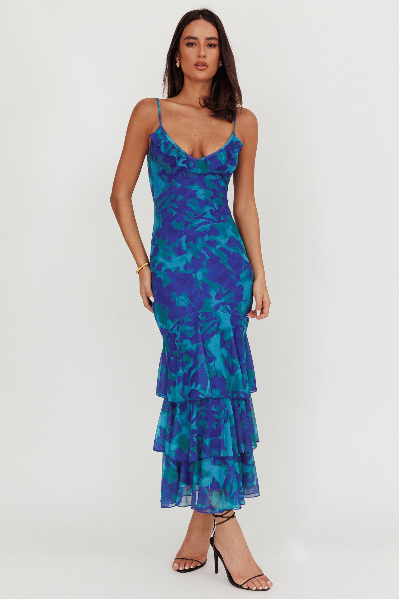 Oskar Tiered Ruffle Hem Mermaid Maxi Dress Abstract Blue-Maymioy