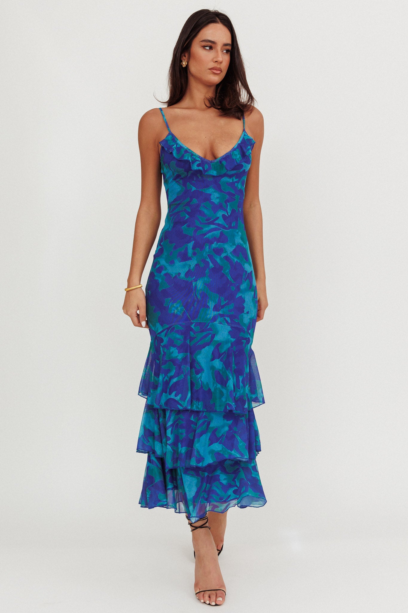 Oskar Tiered Ruffle Hem Mermaid Maxi Dress Abstract Blue-Maymioy