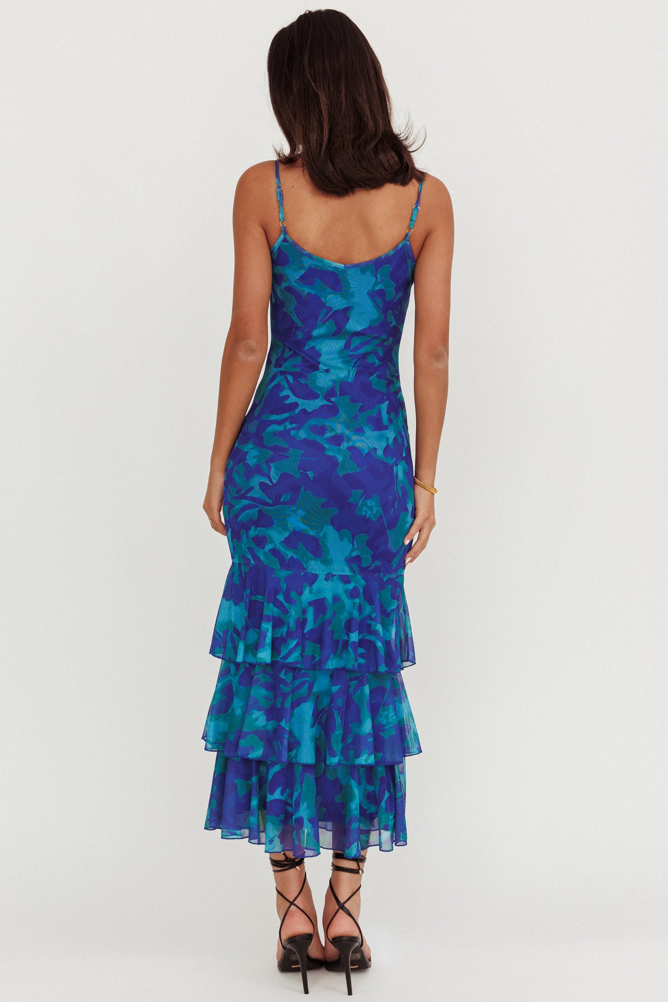Oskar Tiered Ruffle Hem Mermaid Maxi Dress Abstract Blue-Maymioy