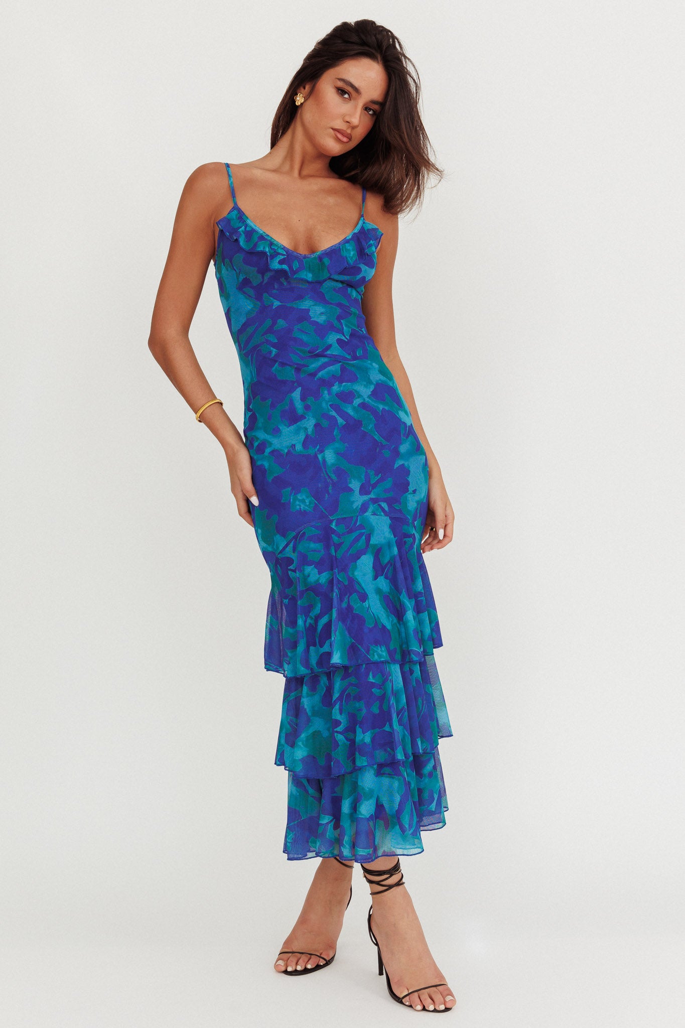 Oskar Tiered Ruffle Hem Mermaid Maxi Dress Abstract Blue-Maymioy