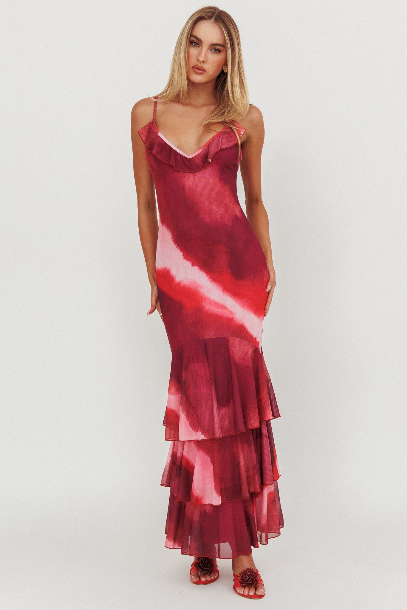 Oskar Tiered Ruffle Hem Mermaid Maxi Dress Pink-Maymioy