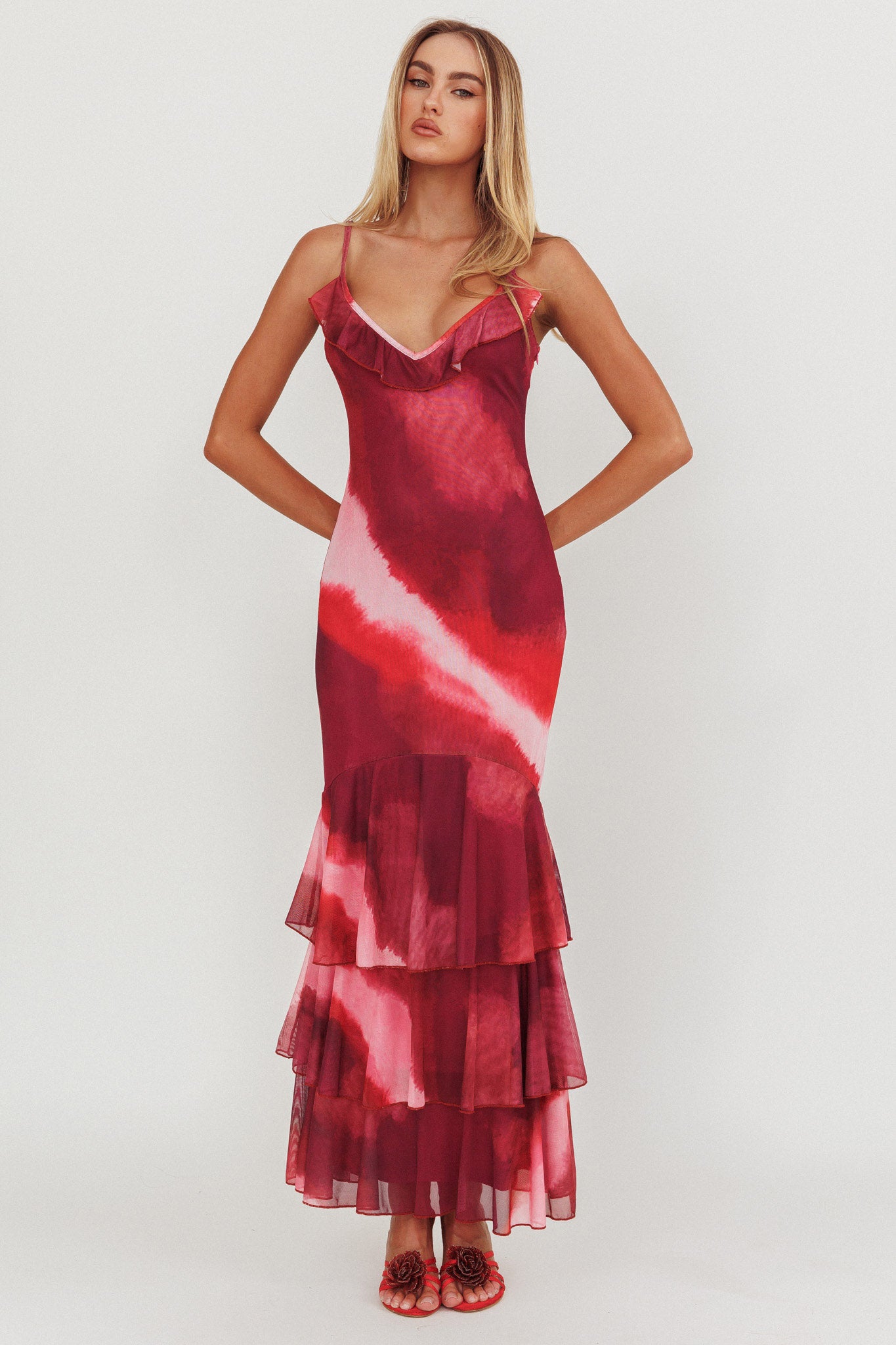 Oskar Tiered Ruffle Hem Mermaid Maxi Dress Pink-Maymioy