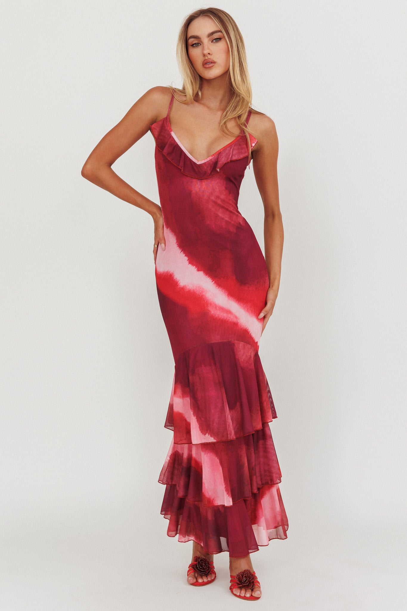 Oskar Tiered Ruffle Hem Mermaid Maxi Dress Pink-Maymioy