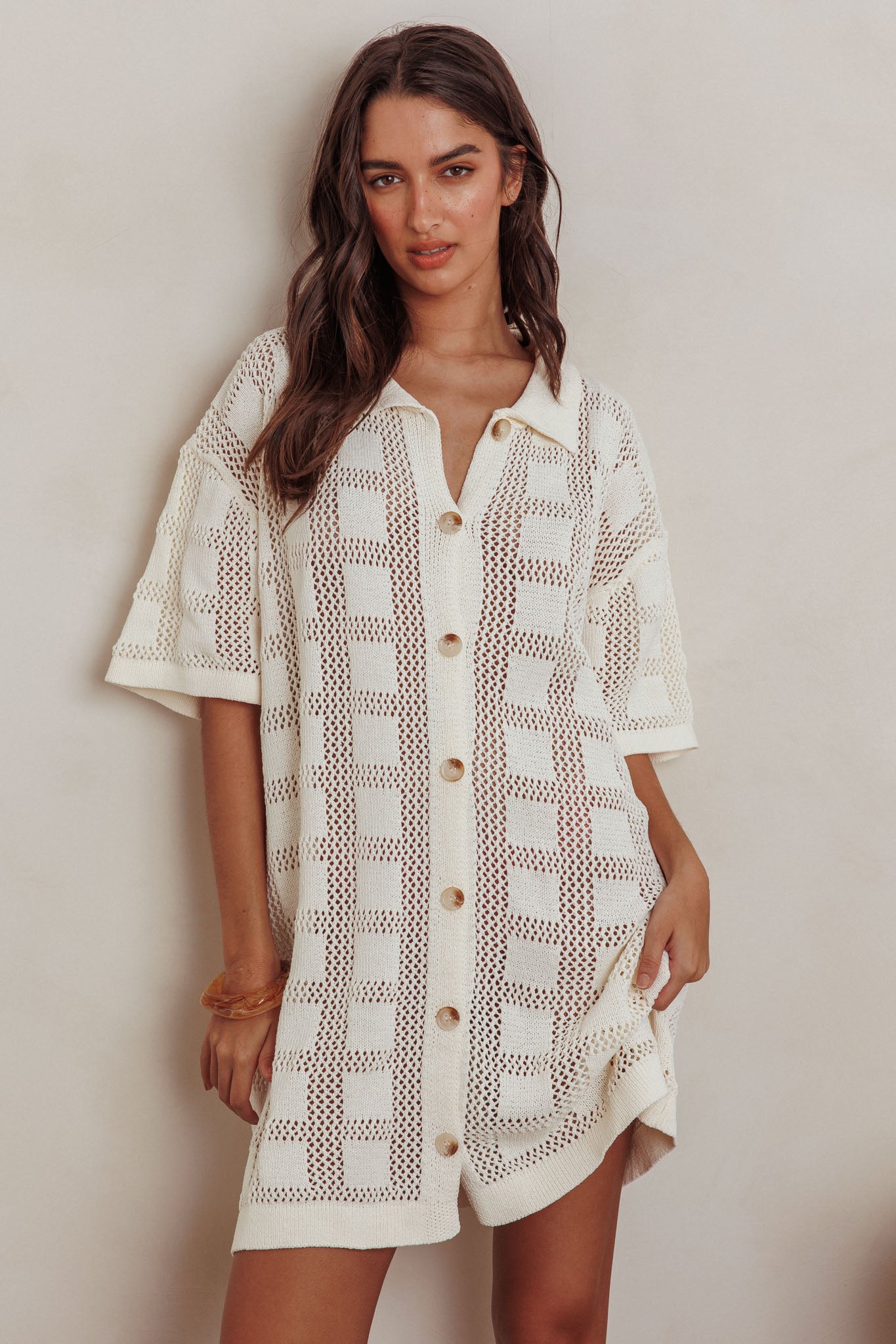 Best Friend Knit Shirt Dress Beige-Maymioy