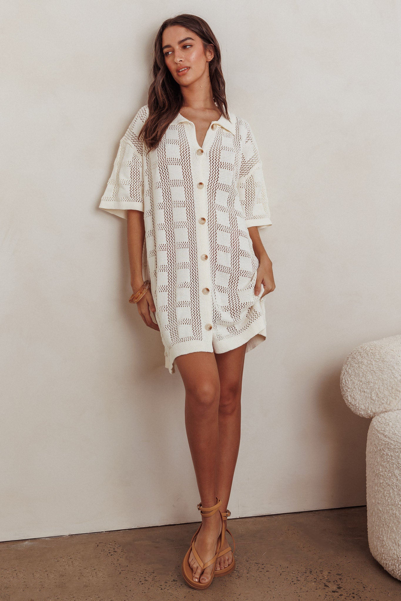 Best Friend Knit Shirt Dress Beige-Maymioy