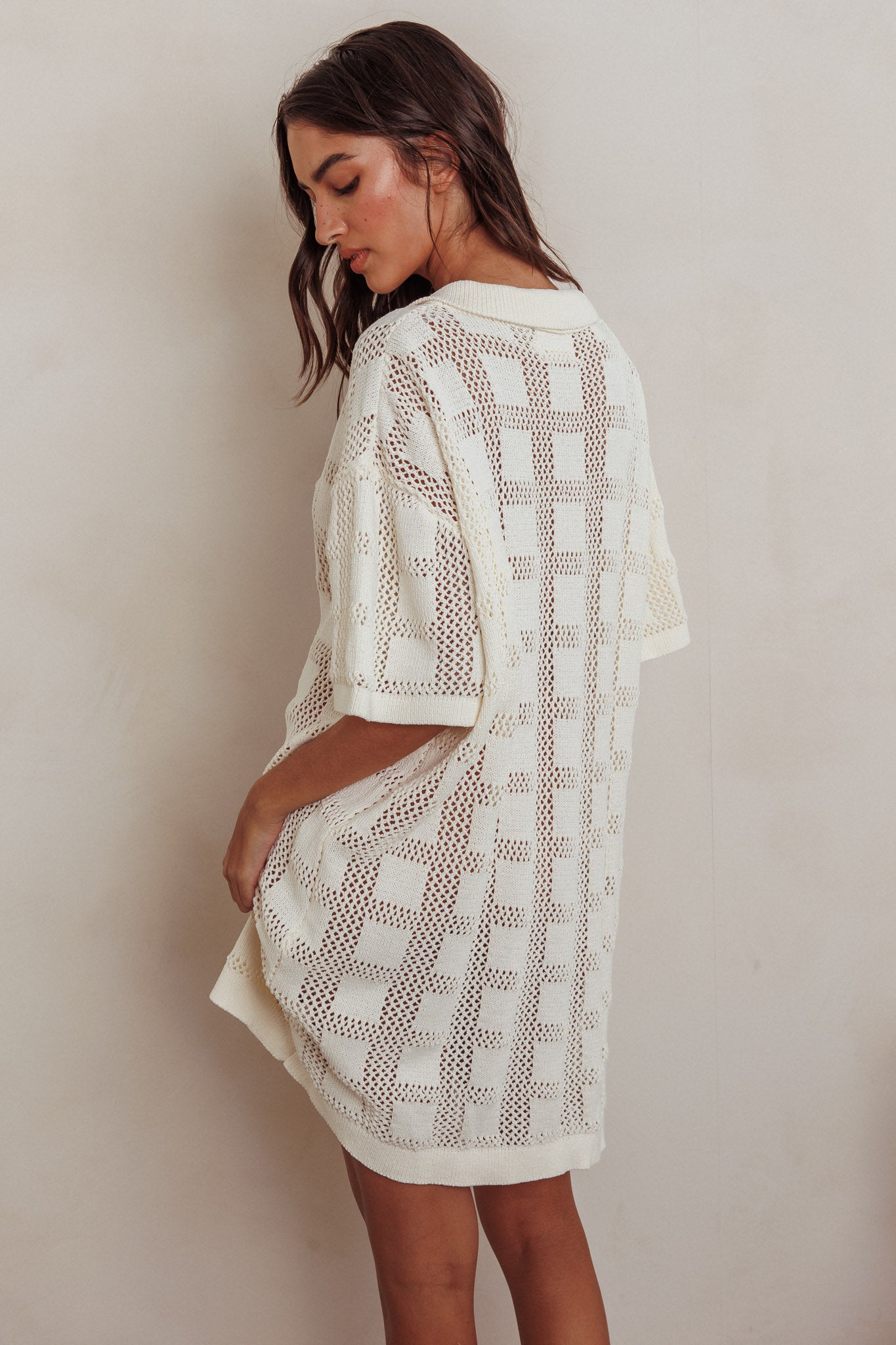 Best Friend Knit Shirt Dress Beige-Maymioy