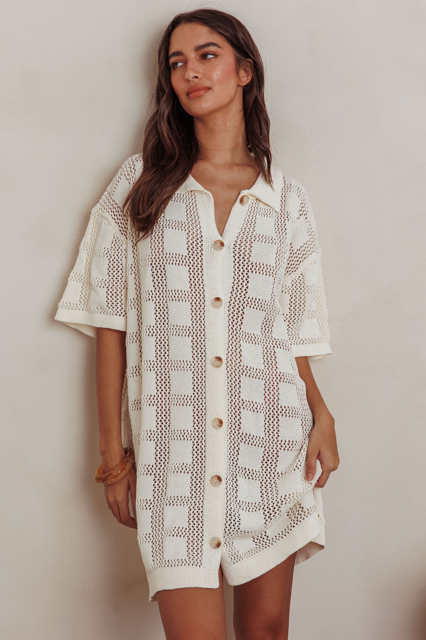 Best Friend Knit Shirt Dress Beige-Maymioy