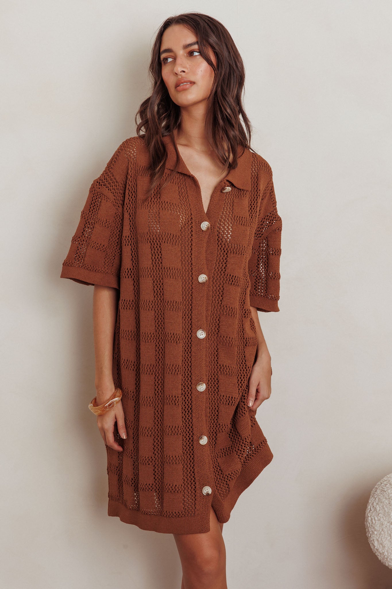 Best Friend Knit Shirt Dress Chocolate-Maymioy