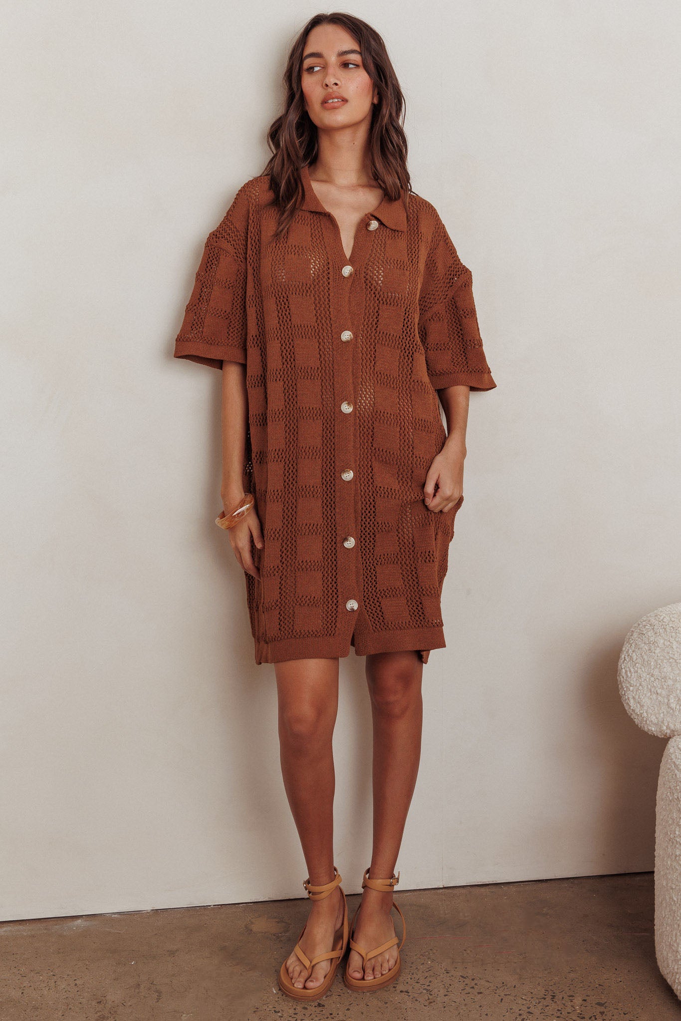 Best Friend Knit Shirt Dress Chocolate-Maymioy